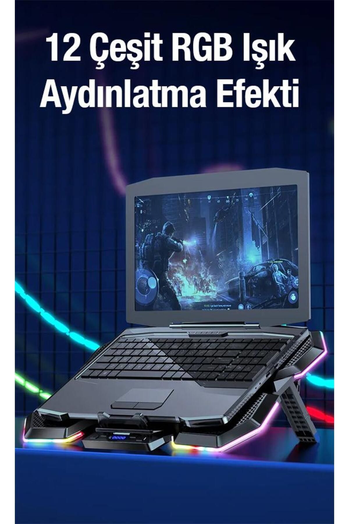 Polhammobile Polham 5 Adet Fanlı RGB Işıklı Ultra Sessiz Isı Göstergeli Notebook Soğutucu Stant, 2 USB Girişli