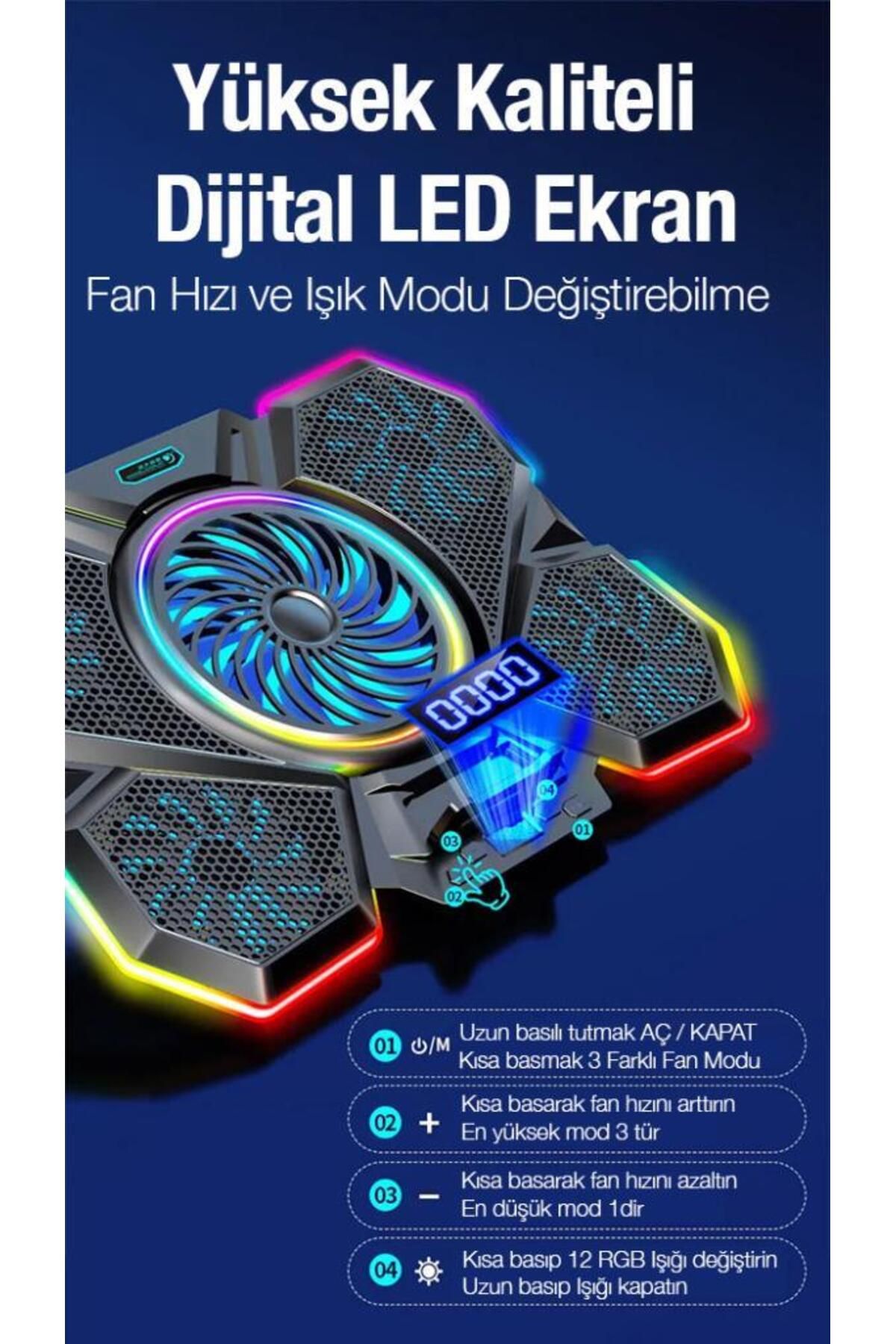 Polhammobile Polham 5 Adet Fanlı RGB Işıklı Ultra Sessiz Isı Göstergeli Notebook Soğutucu Stant, 2 USB Girişli