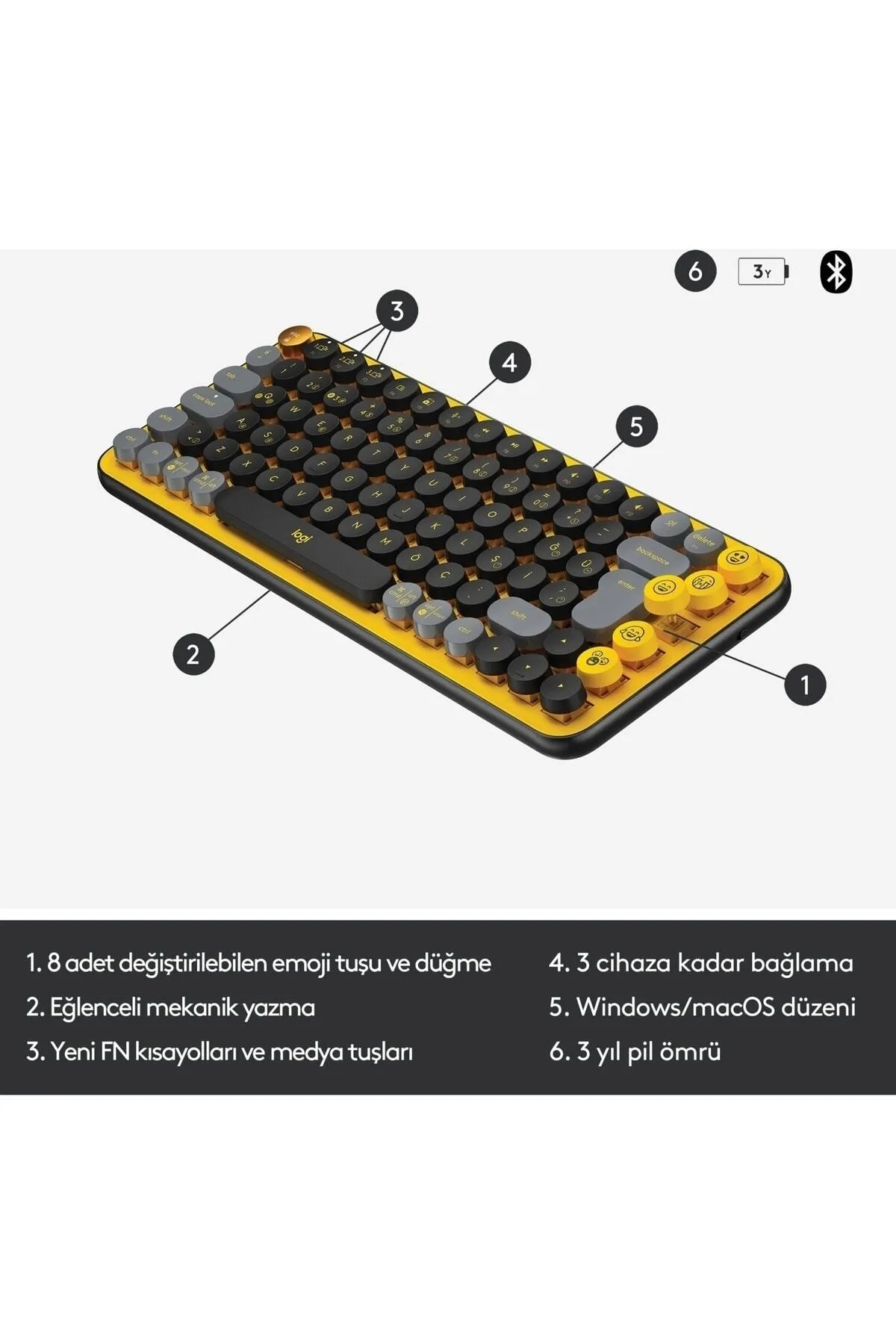 Logitech Pop Keys Blast Özelleştirilebilir Emoji Tuşlu Mekanik Kablosuz Klavye - Sarı&siyah