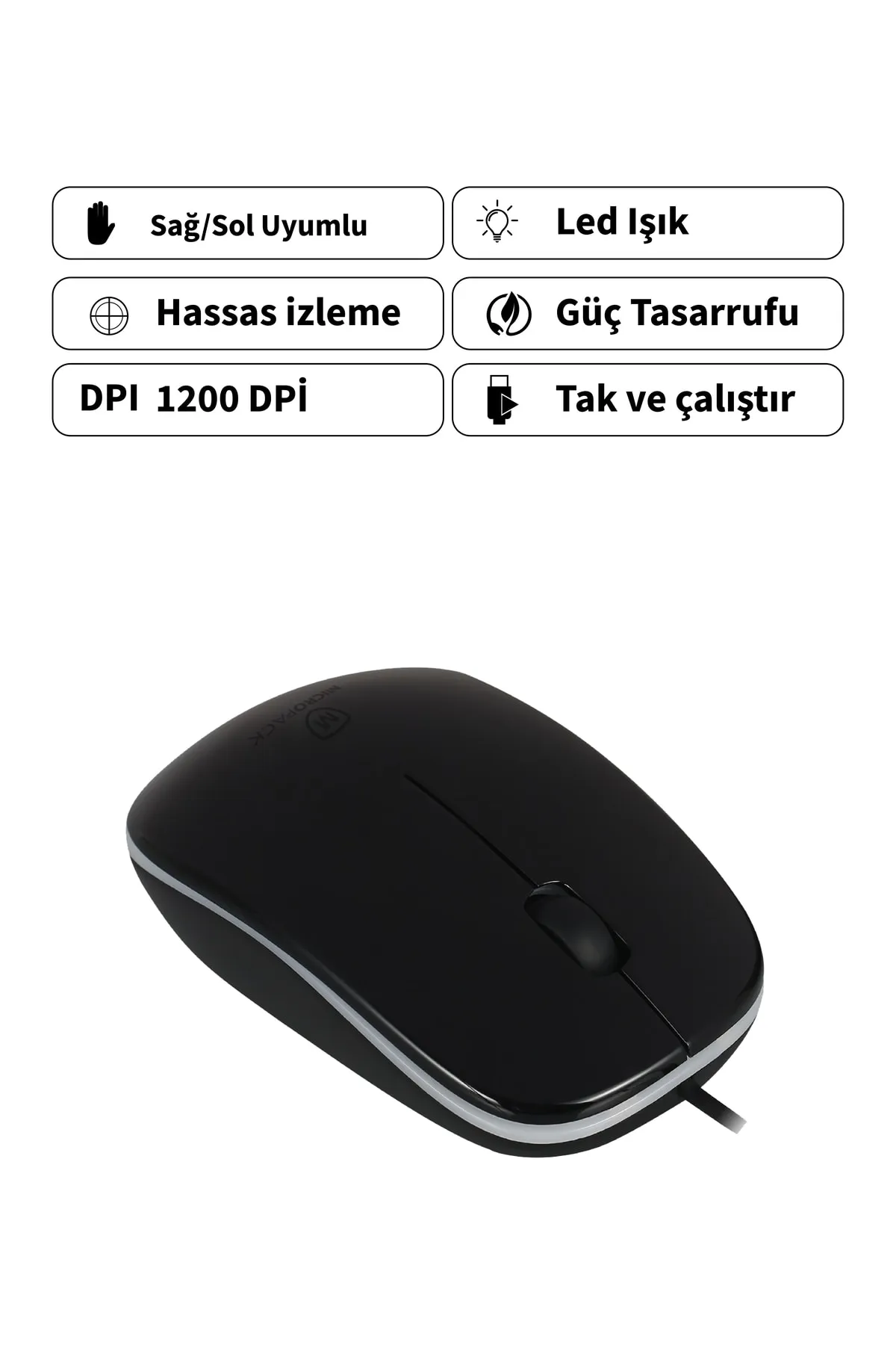 Micropack Portatif Hassas İzleme Özellikli 3 Tuşlu 1200 Dpı Hız Mp-216 Işıklı Kablolu Oyuncu Mouse