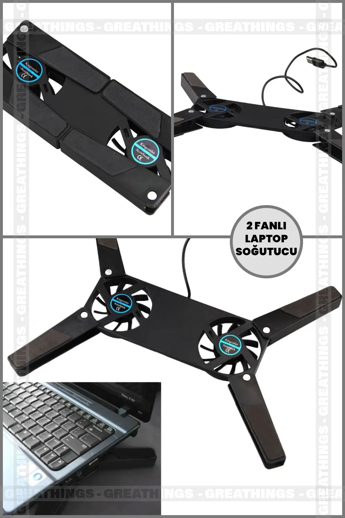 Greathings Portatif Katlanabilir Laptop Soğutucu 2 Fanlı Notebook Çift Fanlı Soğutucu Fan Usbli Stand