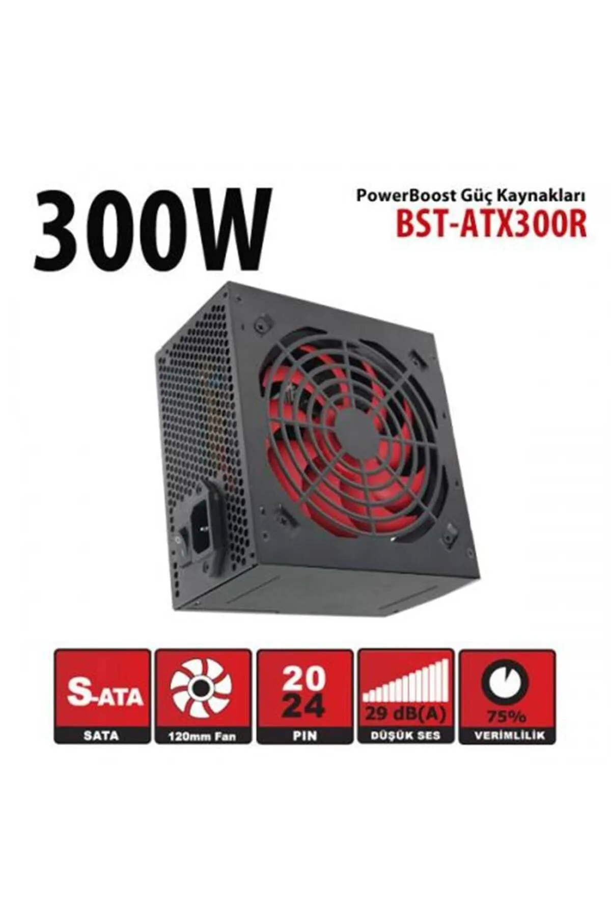 Genel Markalar PowerBoost BST-ATX300R 300w, PPFC 12cm Kırmızı Fanlı ATX PSU (Retail Box) Güç Kaynağı