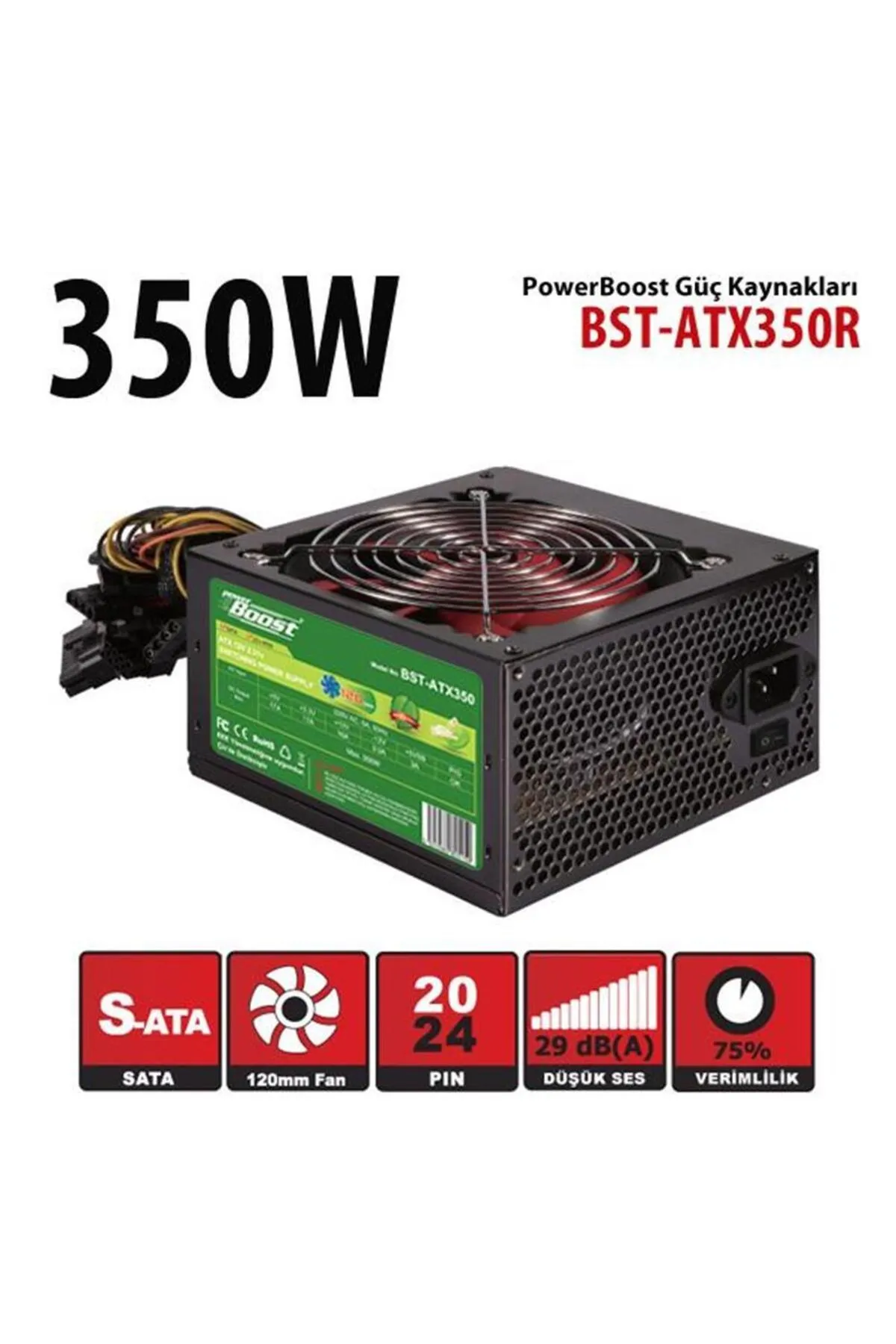 Genel Markalar Powerboost Bst-Atx350R 350W, Ppfc 12Cm Kırmızı Fanlı Atx Psu (Retail Box)