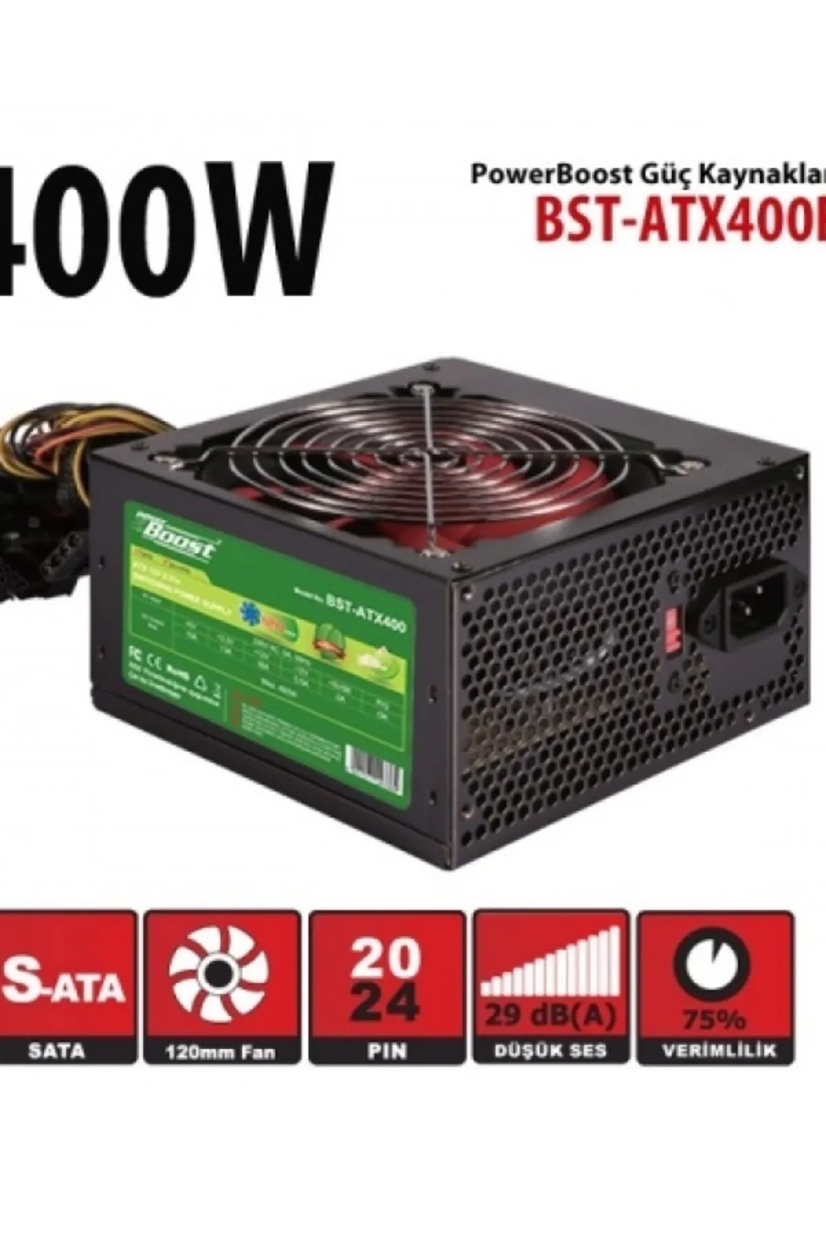 Power Boost Powerboost Bst-atx400r 400w, Ppfc 12cm Siyah Fanlı Atx Psu Power Kablo (RETAİL BOX) Güç Kaynağı