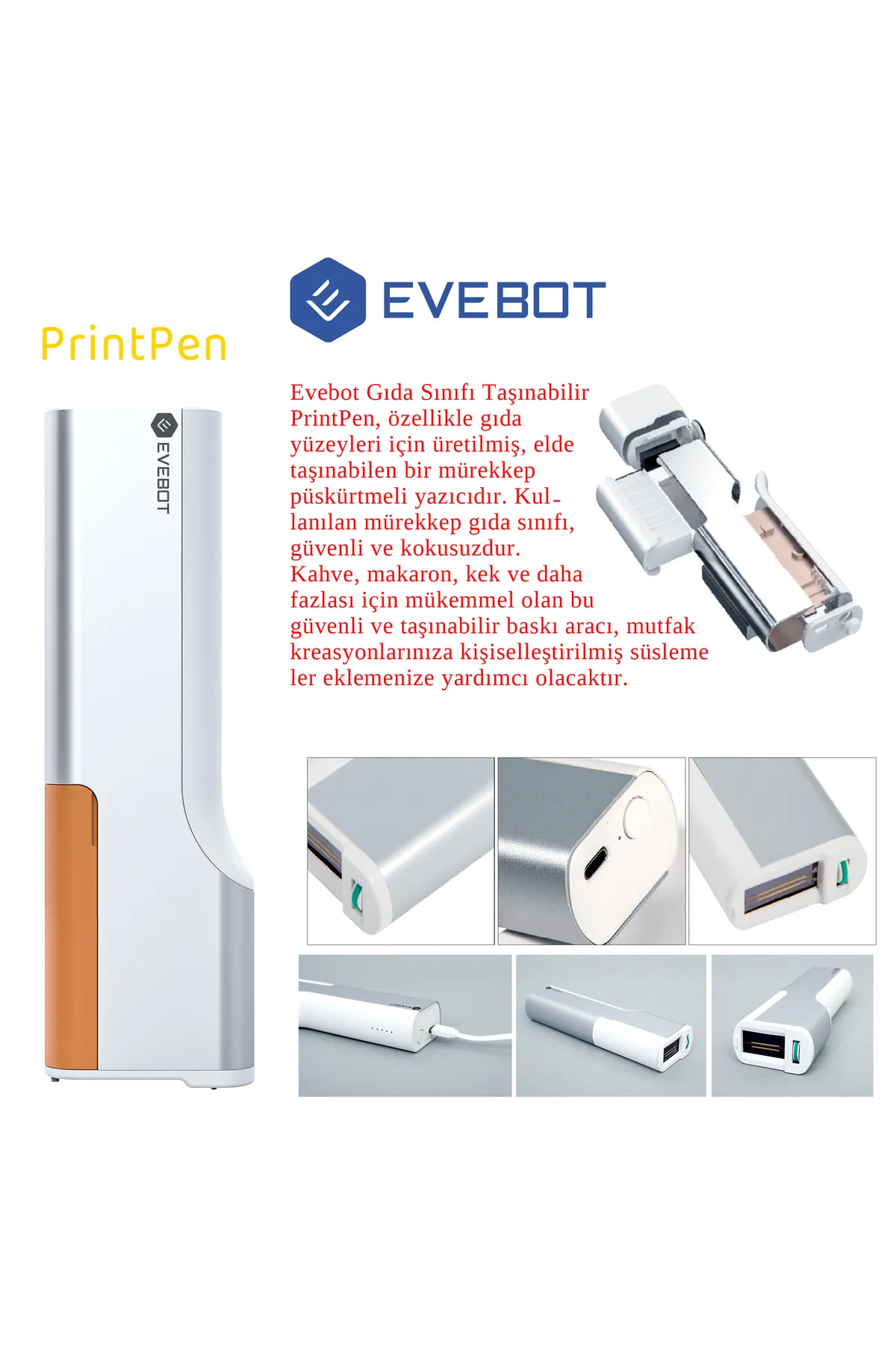 Evebot Printpen Taşınabilir Pasta Kahve Kağıt Cilt Her Yüzeyde Zararsız Logo Metinler Yazıcı Kalem