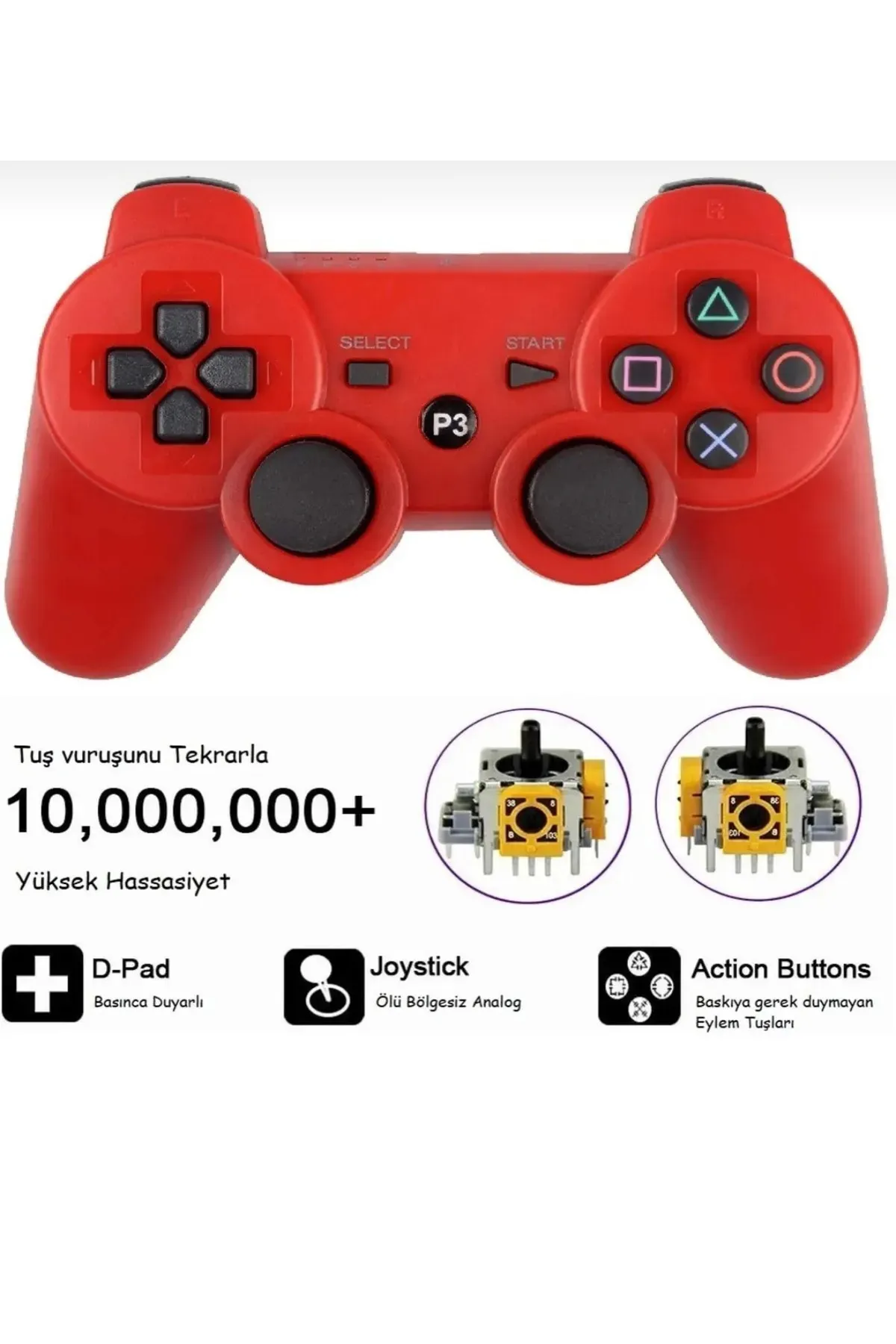 CRK TECH Ps3 Joystick Ps3 Kol Kırmızı, 1,5 mt Uyumlu Sarj Kablosu Dahil