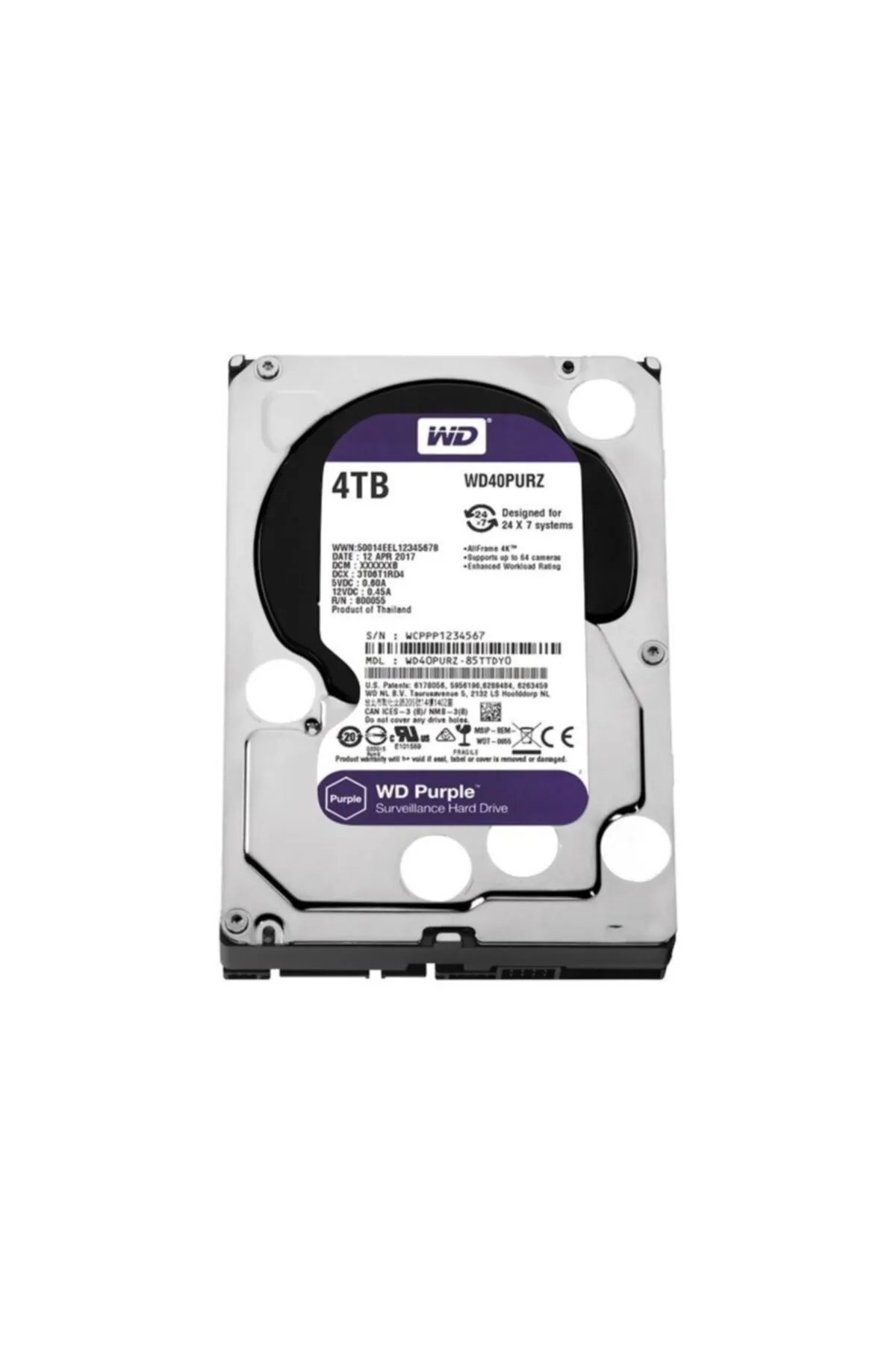 WD Purple 3.5 4tb 5400rpm 64mb Sata3 40purz 7/24 Güvenlik Kamerası Diski