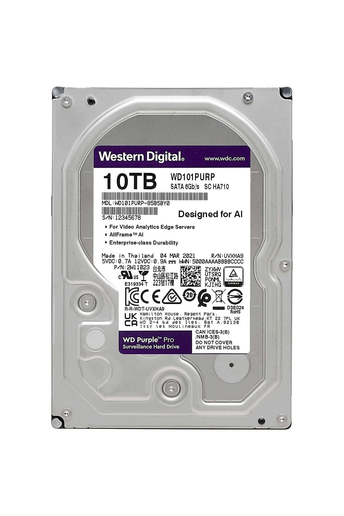 WD Purple Pro 10tb 7200rpm 256mb Sata3 6gbit/sn Wd101purp 7/24 Hdd