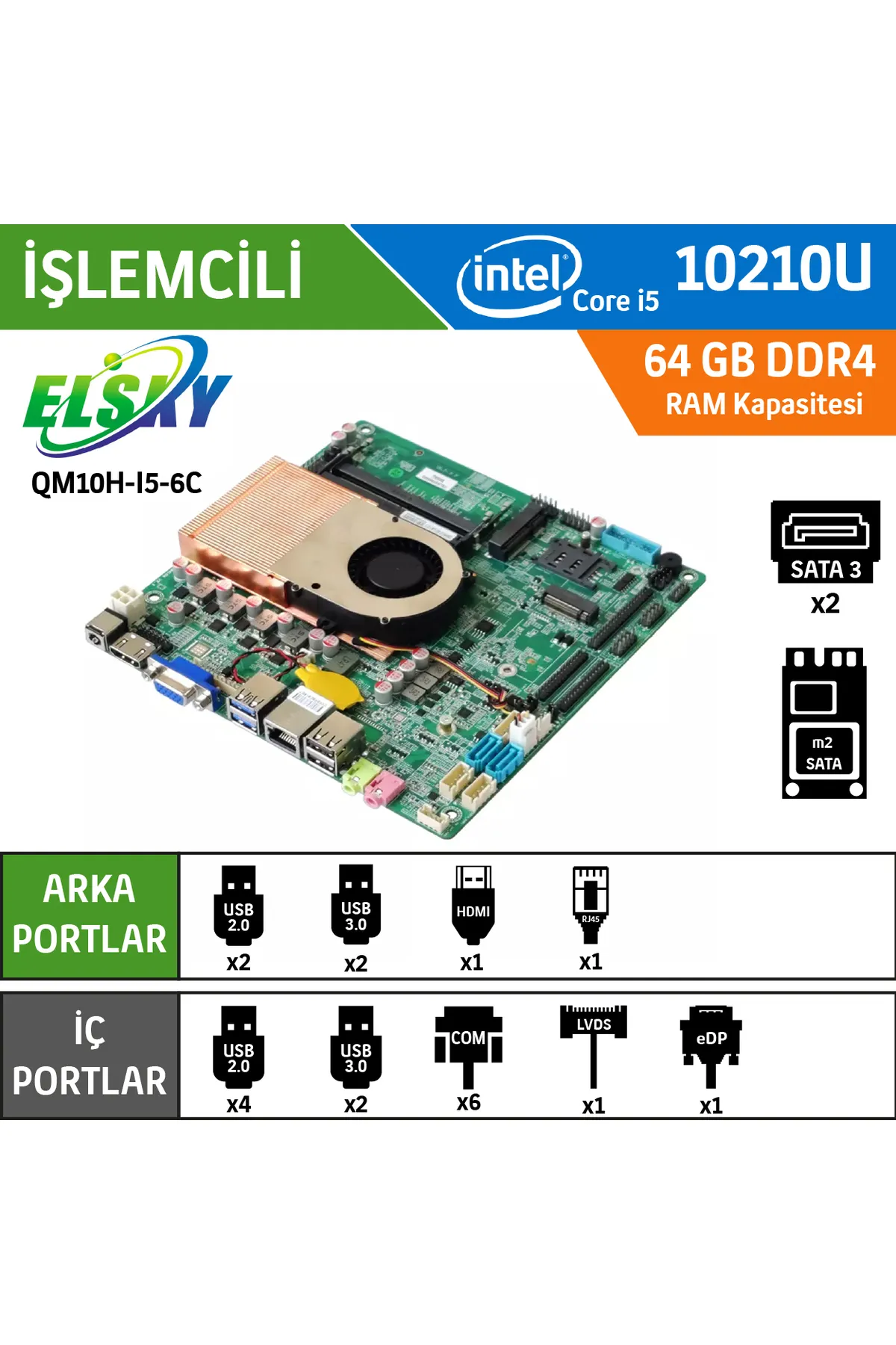 Elsky Qm10h-ı5-ua-10210u 1lan 6com Mini Itx Anakart