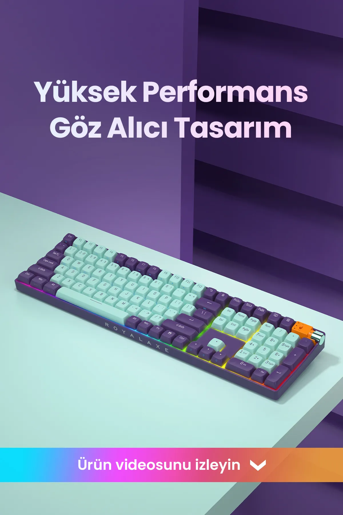 ROYALAXE R108 PRO Gaming Mekanik Oyuncu Klavyesi, RGB Aydınlatma, Kablolu ve Kablosuz Kullanım, İngilizce Q