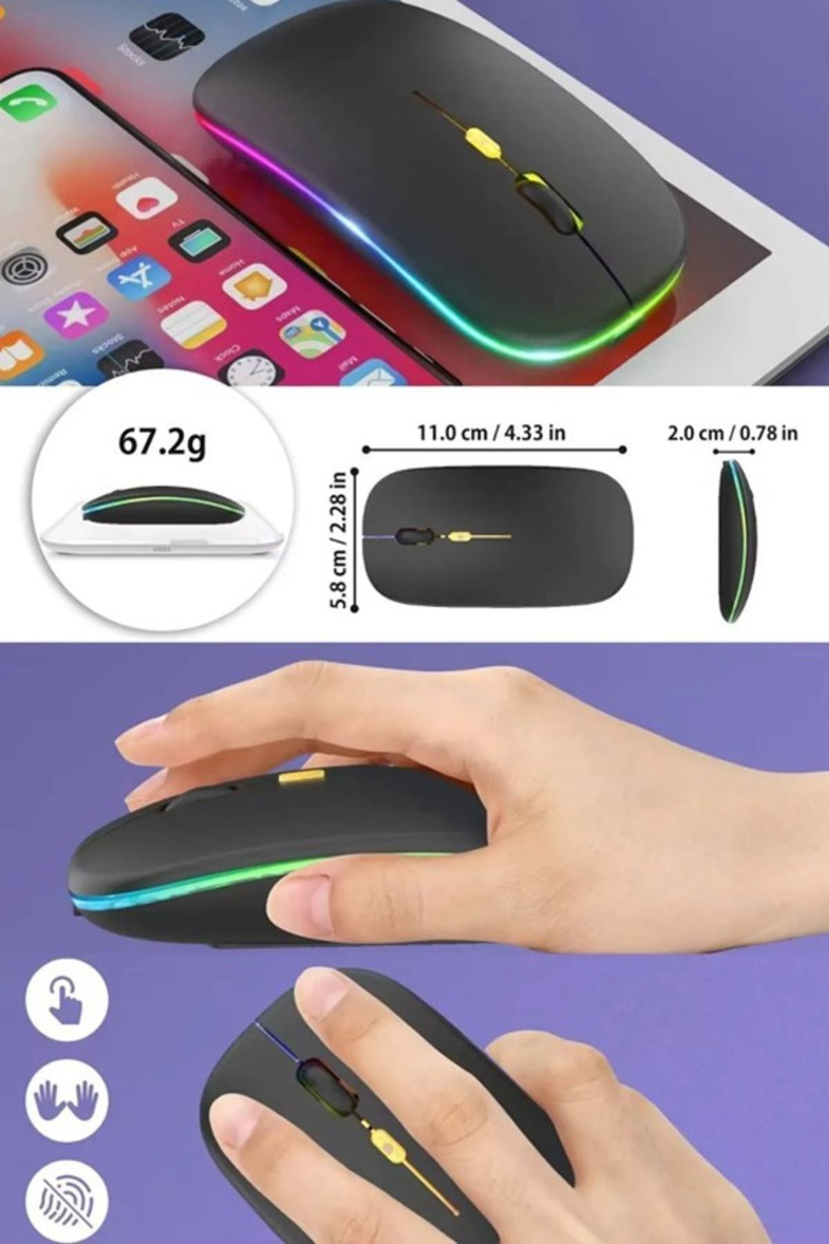 RabbitTech RABBİTKablosuz Wireless 2.4g Bluetooth Sessiz Mouse Şarj Edilebilir Rgb Renkli Ergonomik Tasarımlı