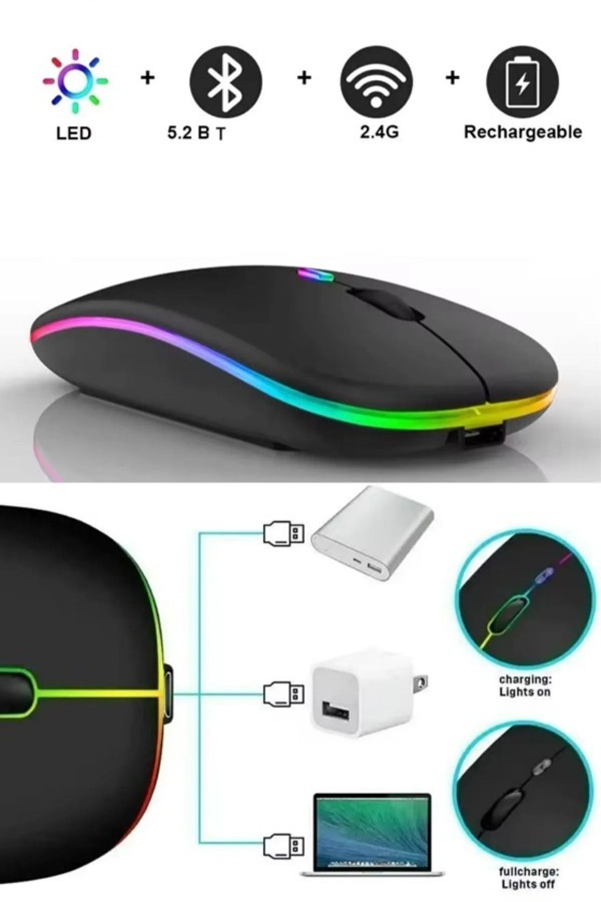 RabbitTech RABBİTKablosuz Wireless 2.4g Bluetooth Sessiz Mouse Şarj Edilebilir Rgb Renkli Ergonomik Tasarımlı