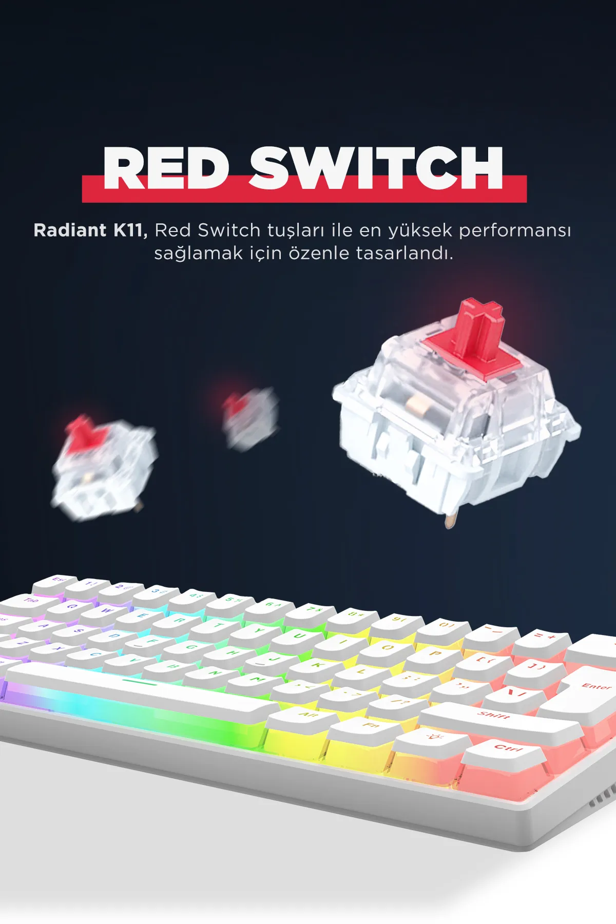 Rampage Radiant K11 Beyaz Type-c Bağlantı RGB Puding Tuş Mekanik Red Switch US Gaming Oyuncu Klavye