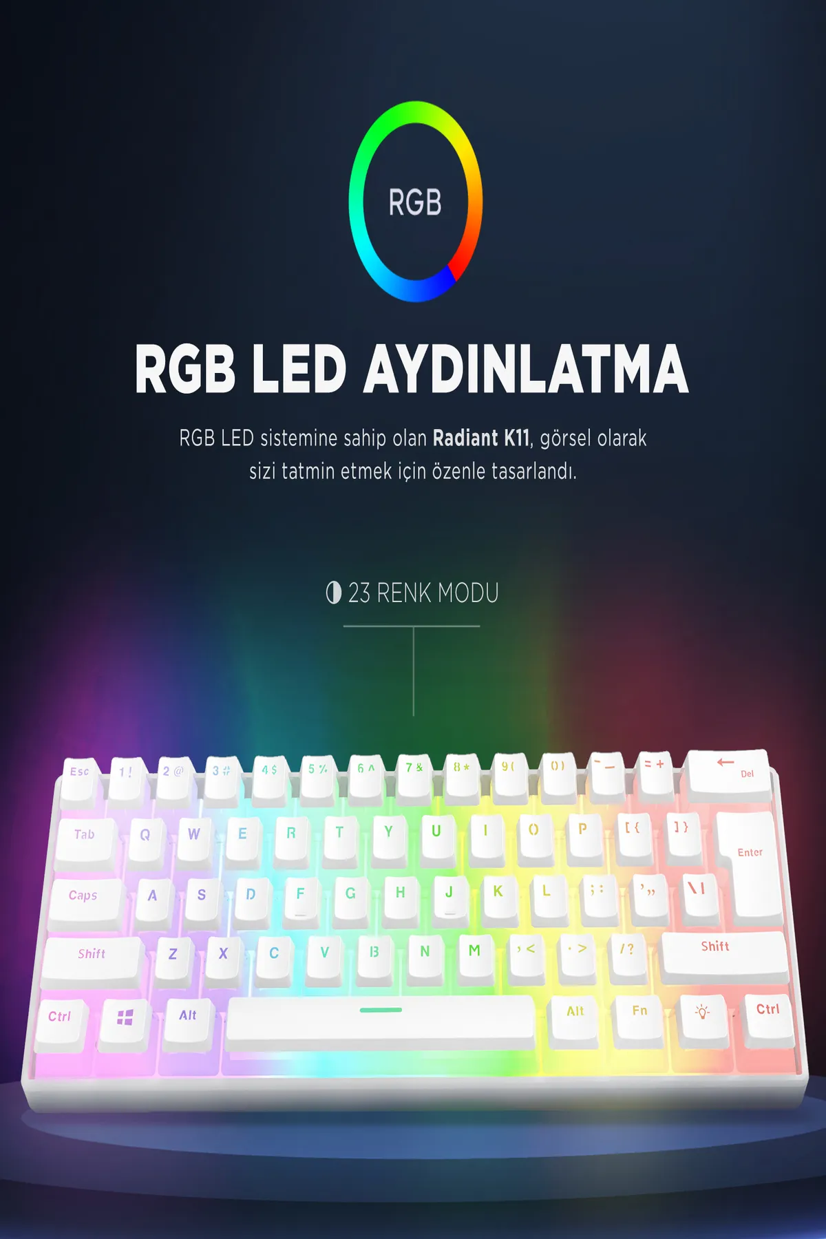 Rampage Radiant K11 Beyaz Type-c Bağlantı RGB Puding Tuş Mekanik Red Switch US Gaming Oyuncu Klavye