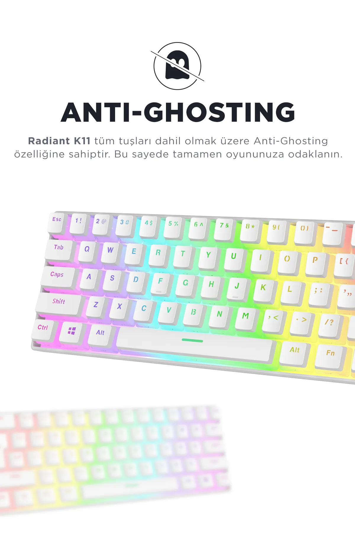 Rampage Radiant K11 Beyaz Type-c Bağlantı RGB Puding Tuş Mekanik Red Switch US Gaming Oyuncu Klavye