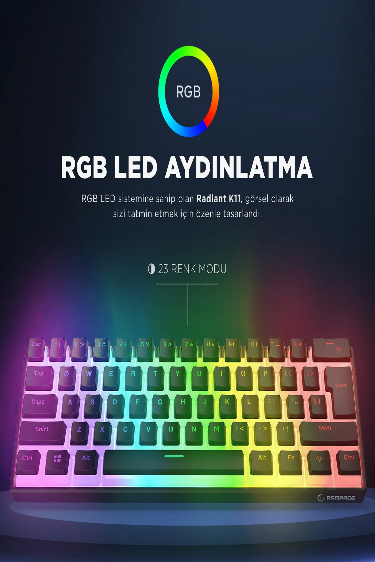 Rampage Radiant K11 Siyah Type-c Bağlantı RGB Puding Tuş Mekanik Red Switch US Gaming Oyuncu Klavye