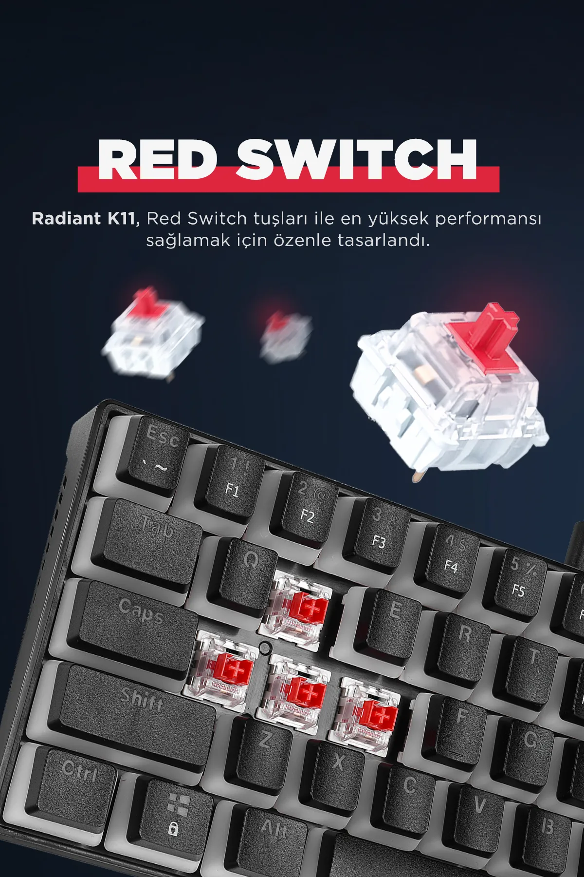 Rampage Radiant K11 Siyah Type-c Bağlantı RGB Puding Tuş Mekanik Red Switch US Gaming Oyuncu Klavye