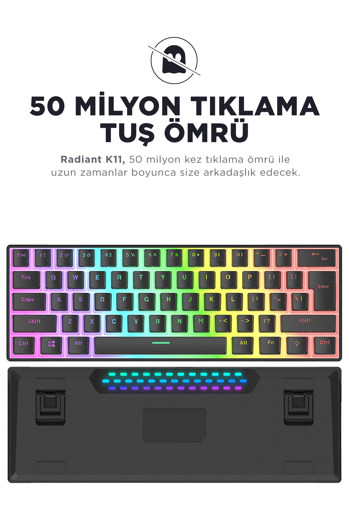 Rampage Radiant K11 Siyah Type-c Bağlantı RGB Puding Tuş Mekanik Red Switch US Gaming Oyuncu Klavye