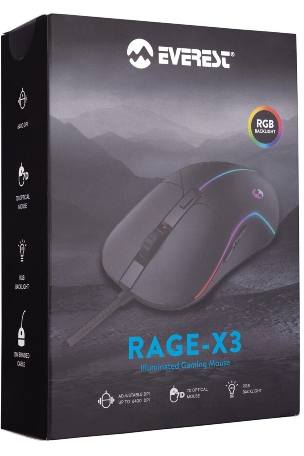 Everest Rage-x3 Usb Siyah 7 Tuşlu Ledli 6400 Dpi Gaming Oyuncu Mouse