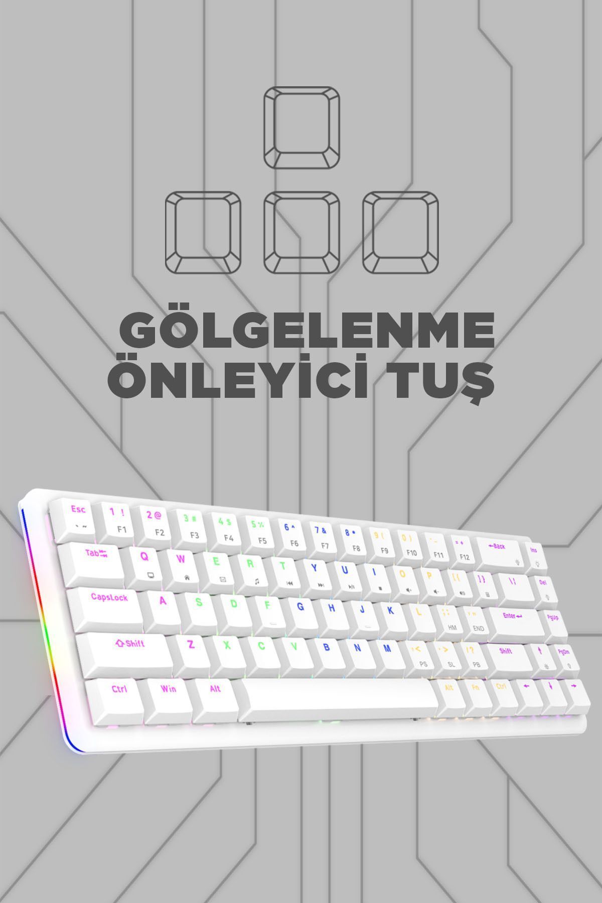 Rampage Rebel Beyaz Low Profile Red Switch US Layout Rainbow Mekanik Gaming Oyuncu Klavye