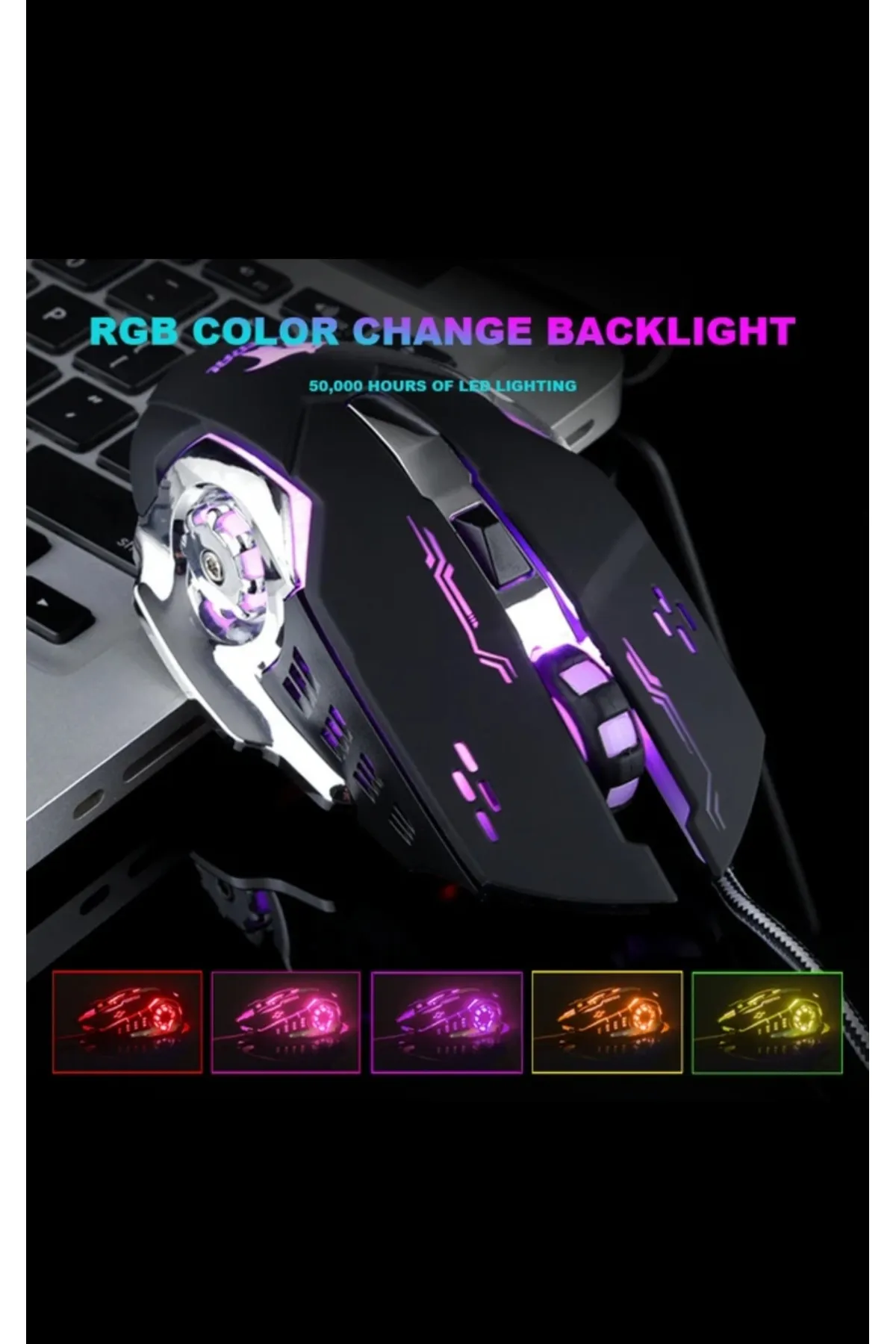 HOBİPİX RGB Işıklı Örgü Kablolu 6 Düğme Gaming Oyuncu Mouse 3200 Dpi