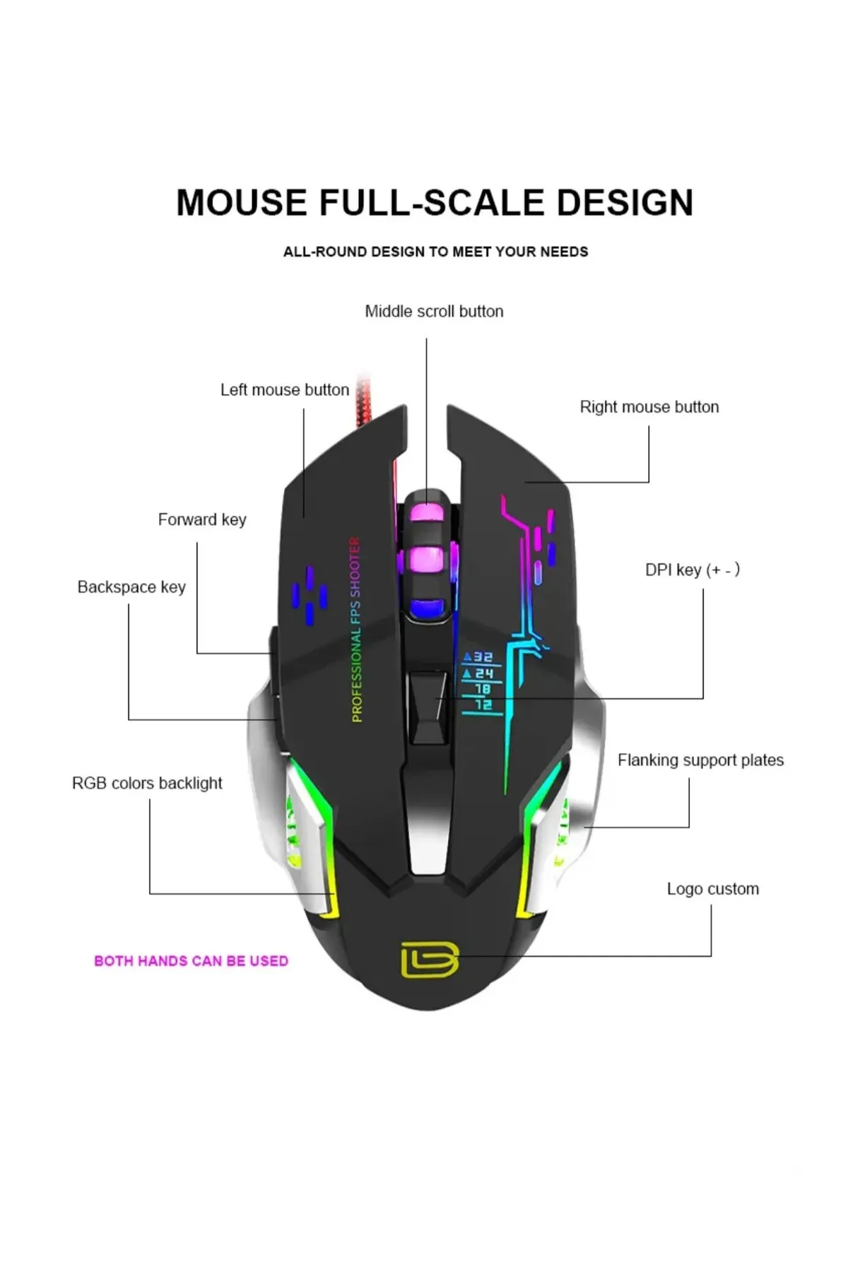 HOBİPİX RGB Işıklı Örgü Kablolu 6 Düğme Gaming Oyuncu Mouse 3200 Dpi