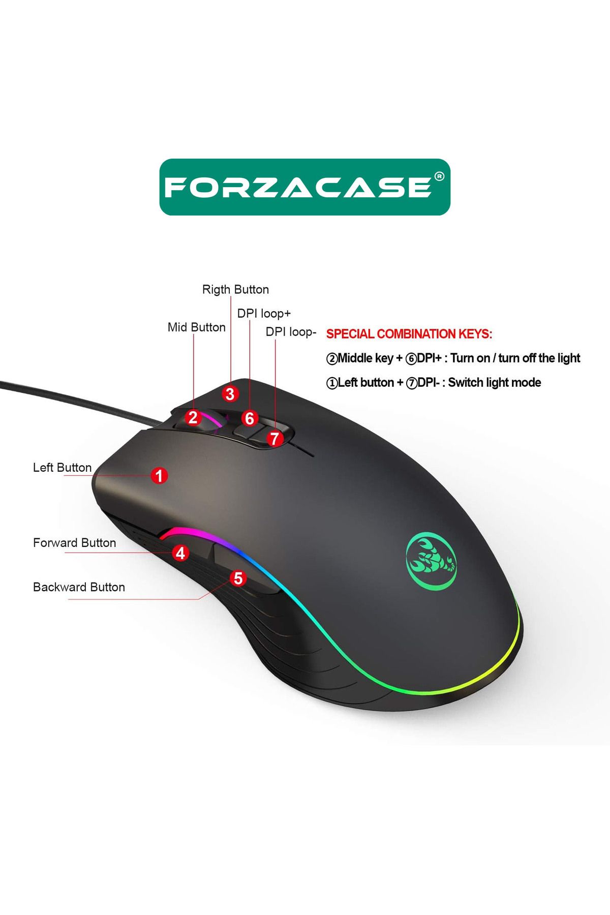 Forzacase RGB Işıklı Örgü Kablolu 7200 DPI Makrolu 7 Tuş Gaming Oyuncu Mouse - FC872