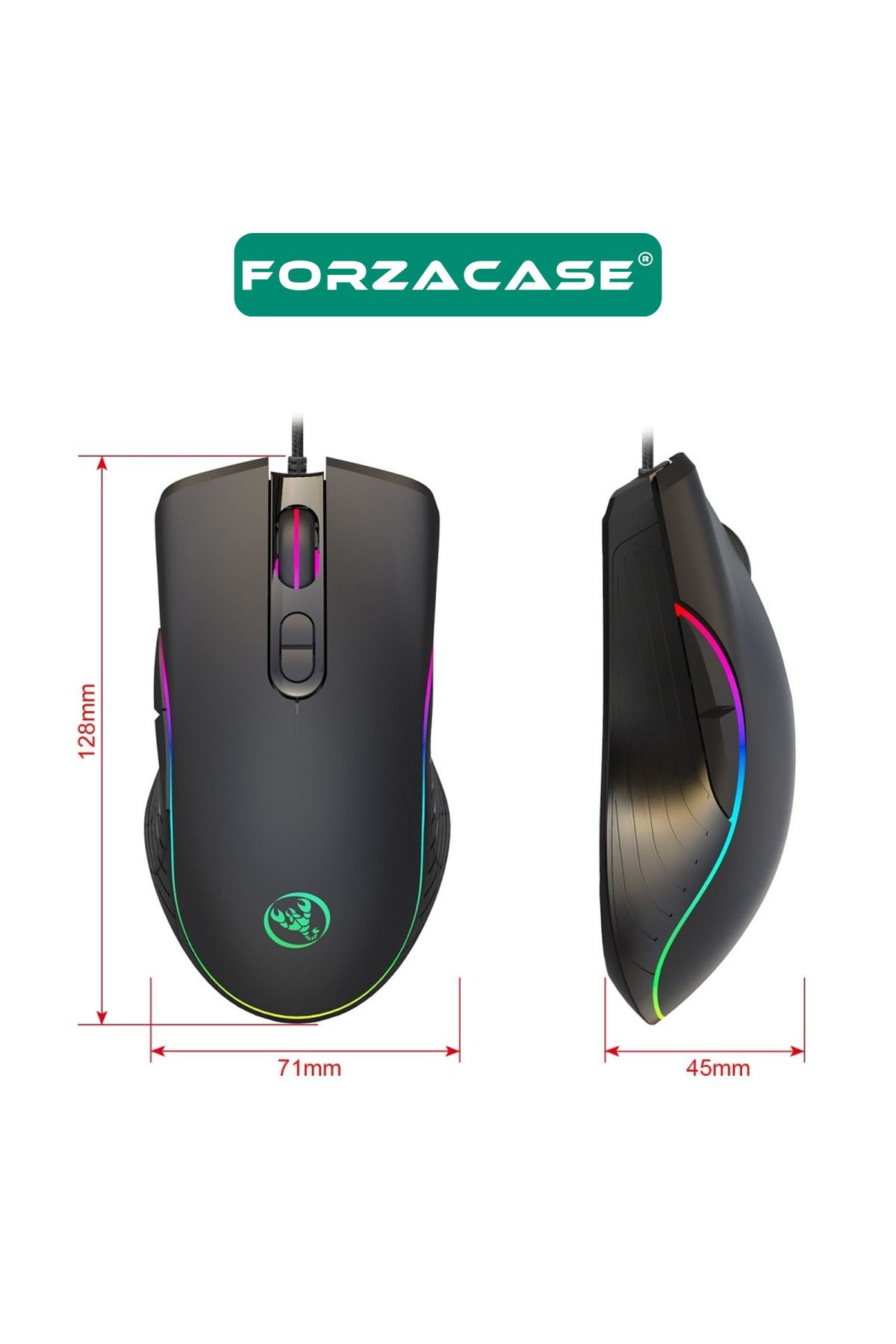 Forzacase RGB Işıklı Örgü Kablolu 7200 DPI Makrolu 7 Tuş Gaming Oyuncu Mouse - FC872