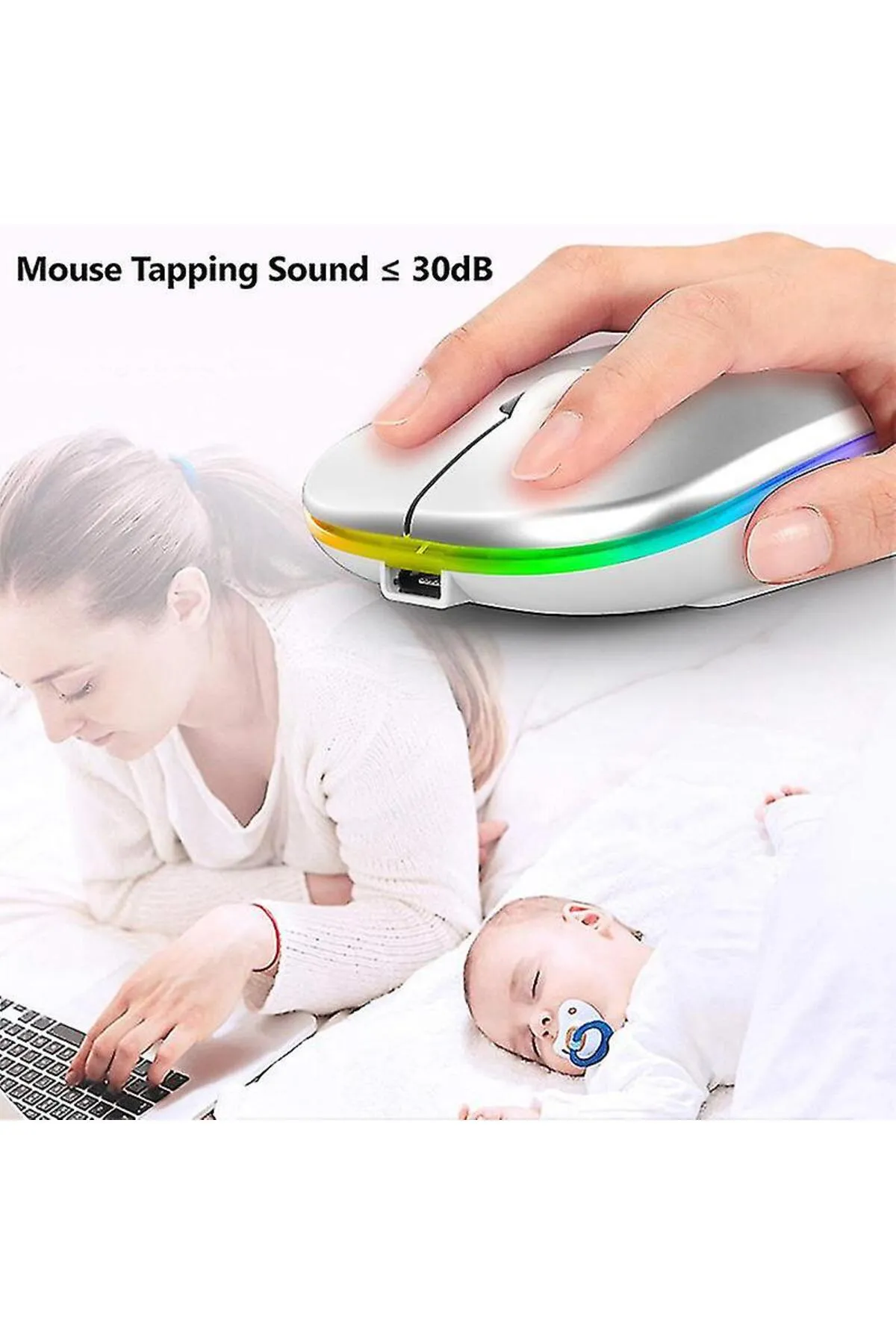 WOTOBE Rgb Ledli Şarj Edilebilir Sessiz Tıklamalı Ergonomik Çift Modlu Kablosuz Bluetooth Mouse