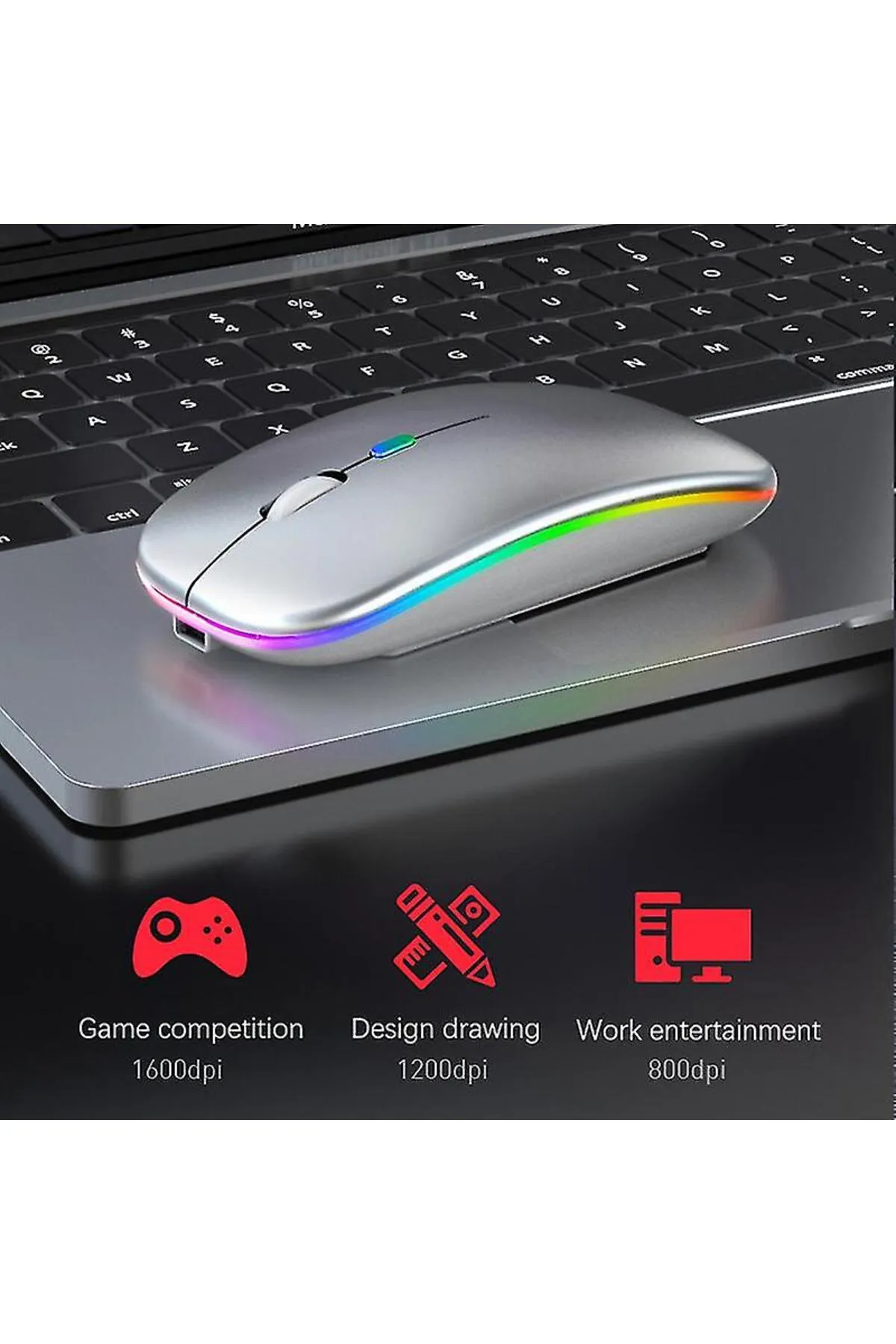 WOTOBE Rgb Ledli Şarj Edilebilir Sessiz Tıklamalı Ergonomik Çift Modlu Kablosuz Bluetooth Mouse