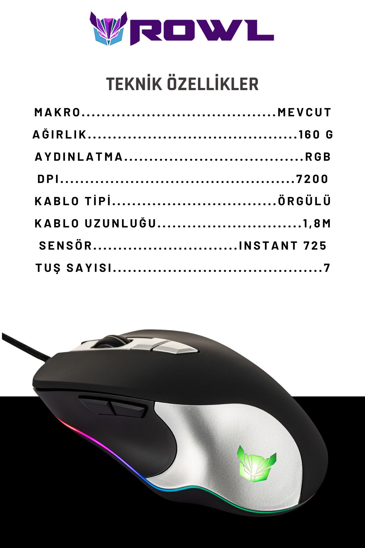 Rowl Rgm-04 Aves Usb Siyah Rgb Aydınlatmalı 7200dpı Makrolu Gaming Oyuncu Mouse