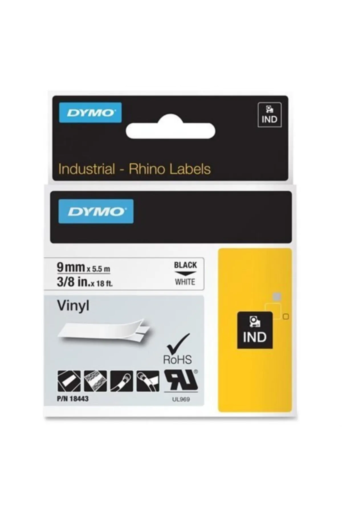 Dymo Rhino Pro Etiketi Renkli Vinil 9 Mmx5,5 Mt Beyaz Üzerine Siyah 18443