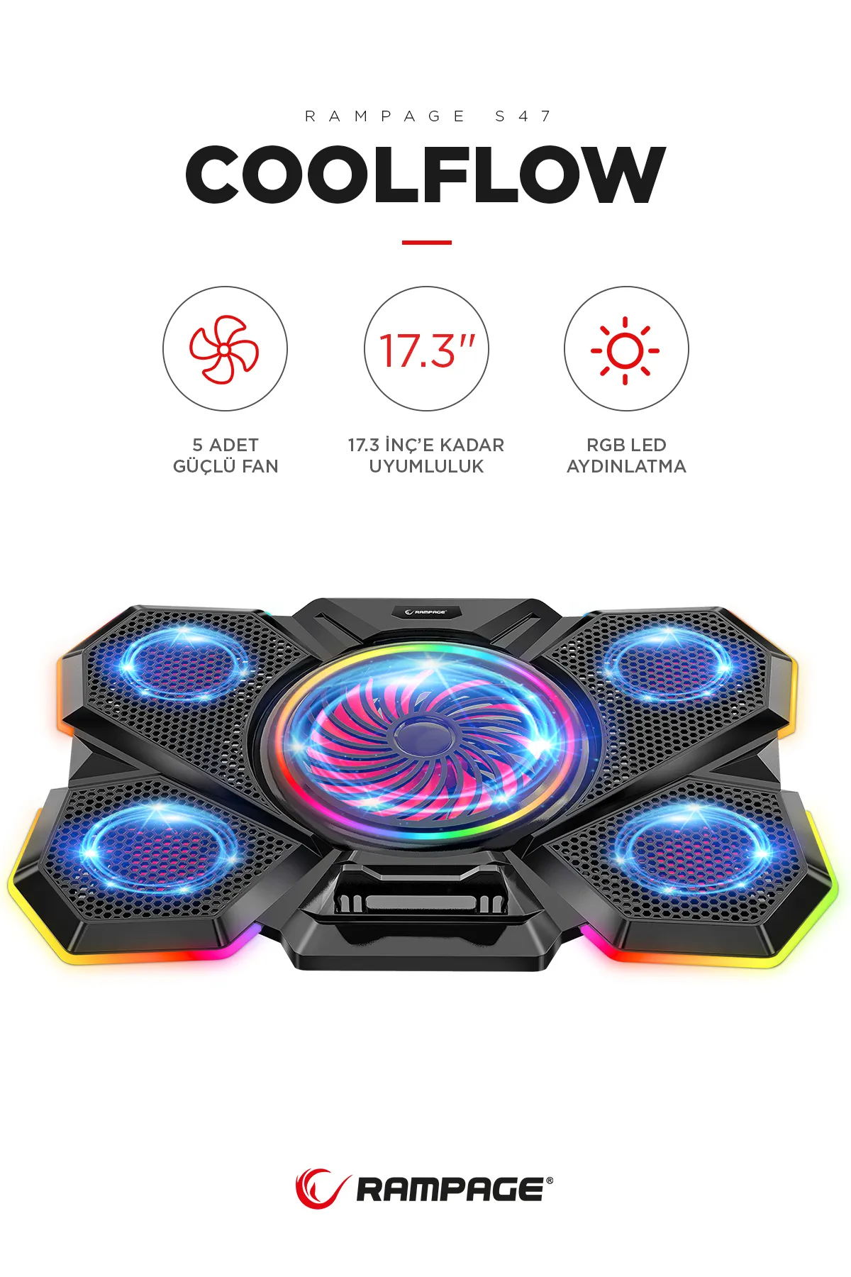 Rampage S47 Coolflow 5 Adet Kırmızı Led Fan 1 Usb 7 Farklı Kademe Ayarı 10'' 17.3'' Notebook Soğutucu