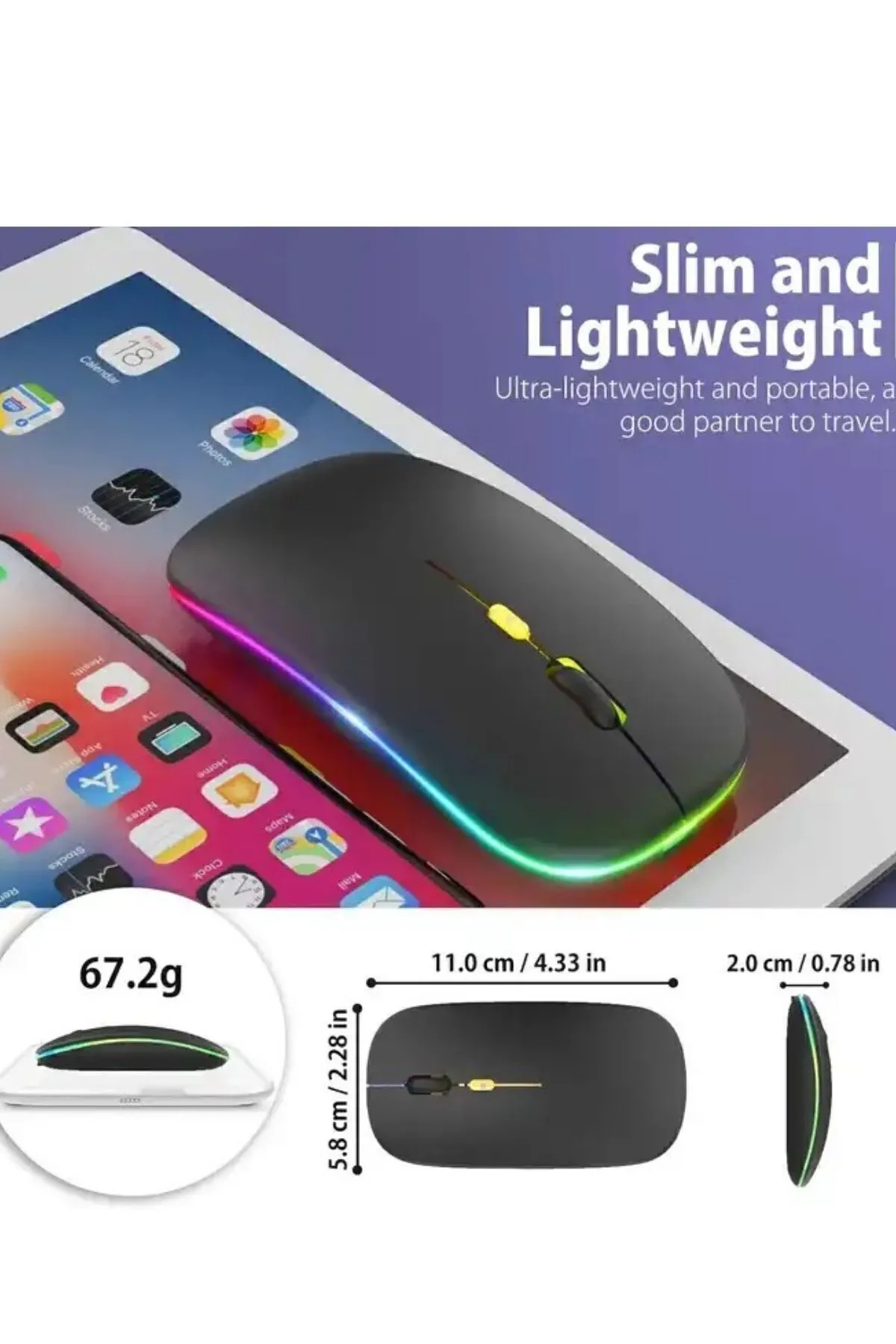 starnewstore sblx Slim Usb 2.4ghz Siyah Ledli 800/1200/1600dpi Şarjlı Kablosuz Mouse Rgb Led Işıklı shpwax 9