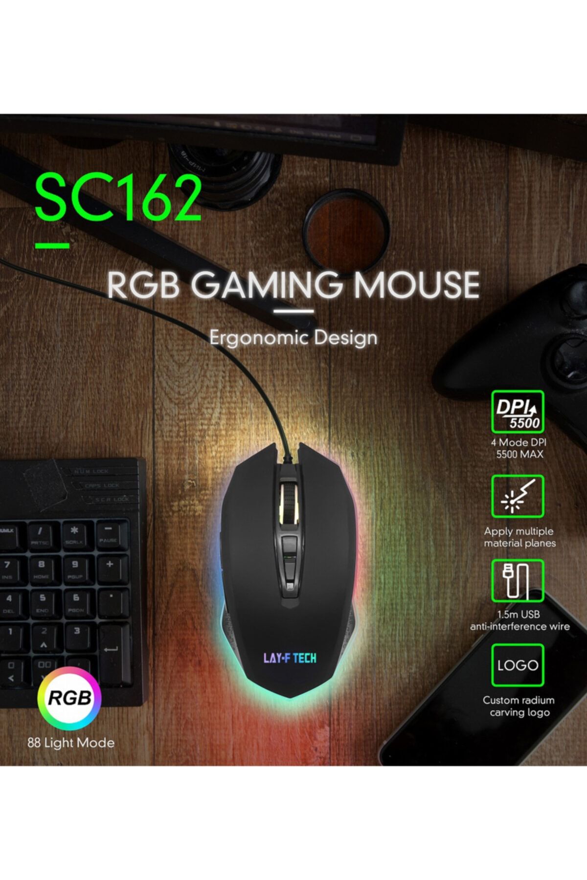 layftech Sc128-a Oyuncu Mouse Rgb 88 Farklı Işık Modlu 7 Buton 5500 Dpı Gaming Mouse