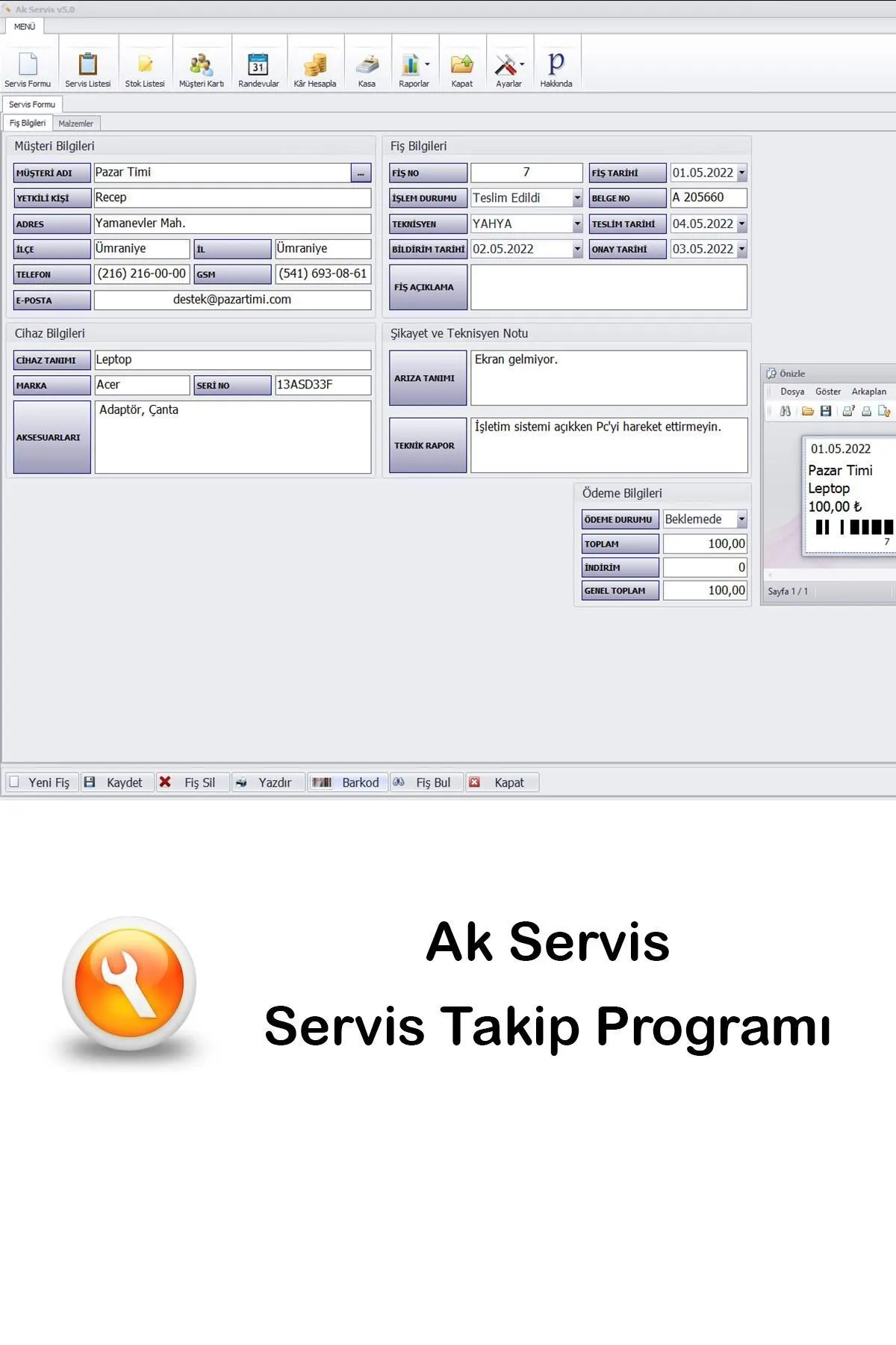 PazarTimi Servis Takip Programı & Servis Programı