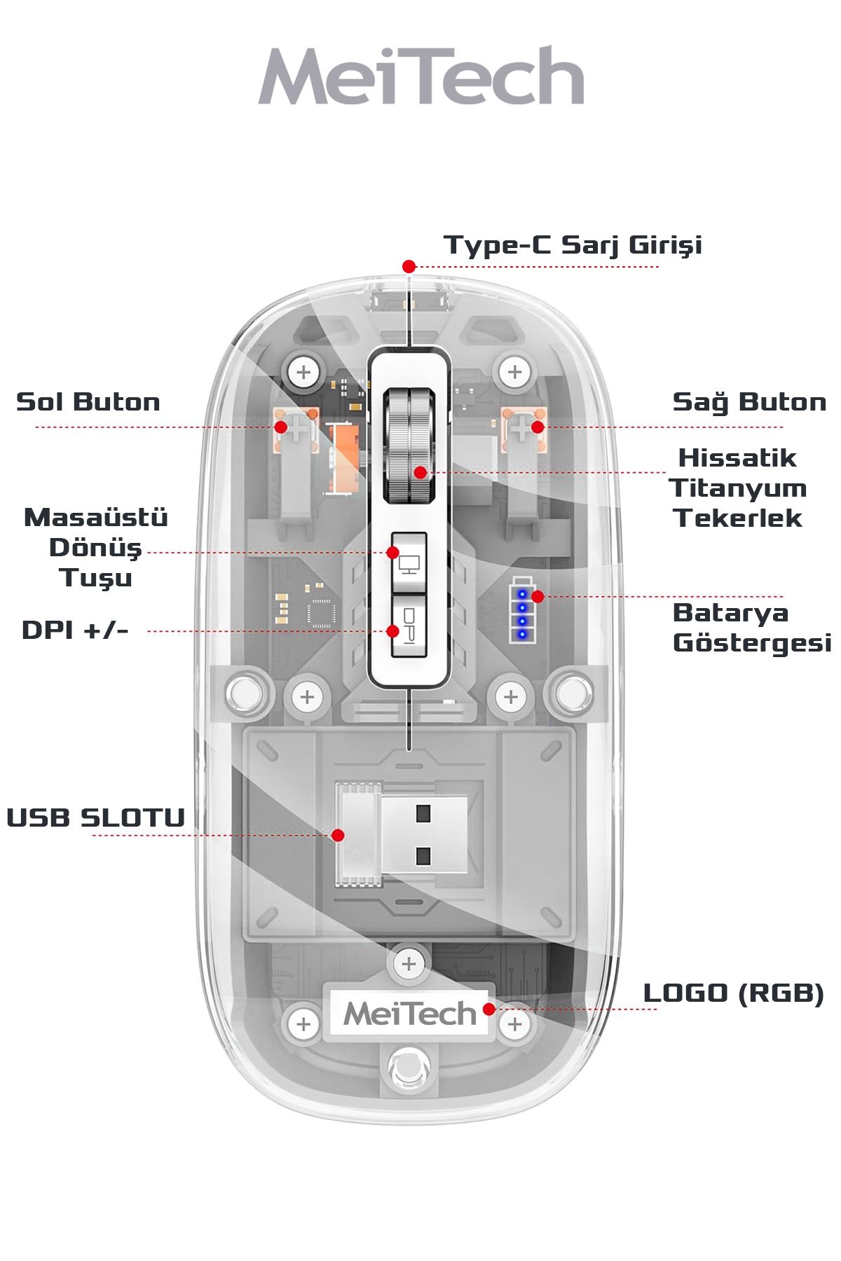 meiTech Sessiz Kablosuz Wireless Magic Mouse, Dpi 2400, Şarj Edilebilir, 2.4Ghz+BT 5.0,