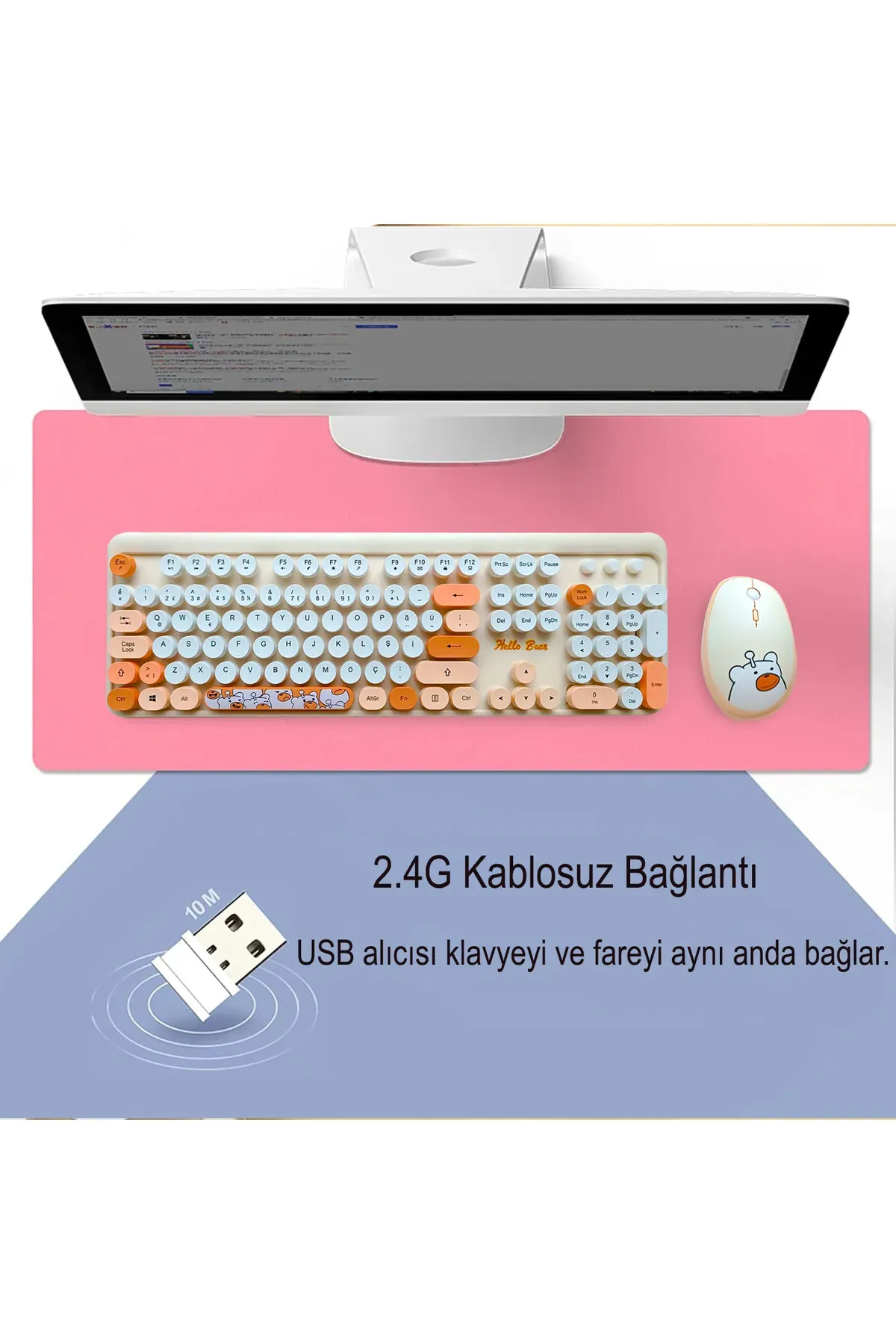 Mofii Sevimli Ayıcık Desenli Kablosuz Klavye & Mouse Set - Türkçe, Renkli ve  Yuvarlak Tuşlar !