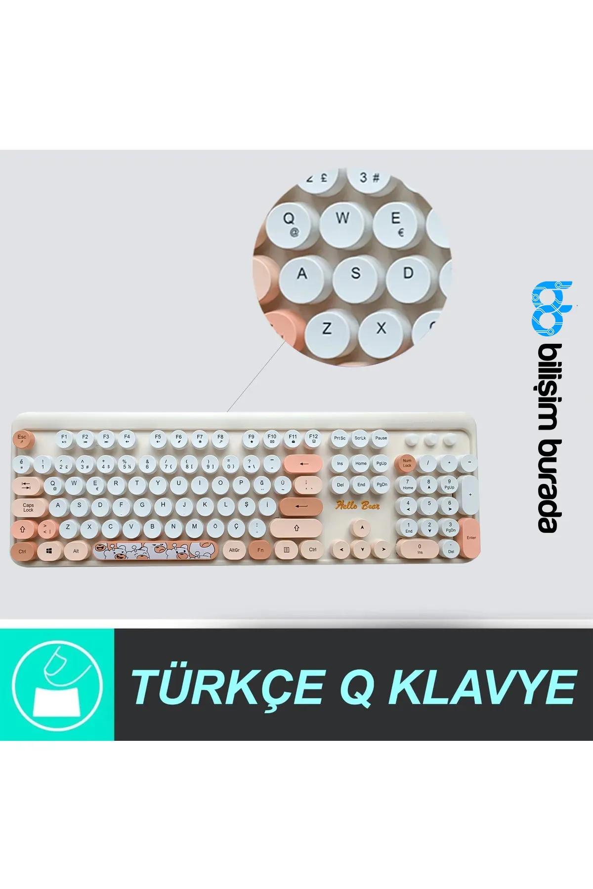 Mofii Sevimli Ayıcık Desenli Kablosuz Klavye & Mouse Set - Türkçe, Renkli ve  Yuvarlak Tuşlar !