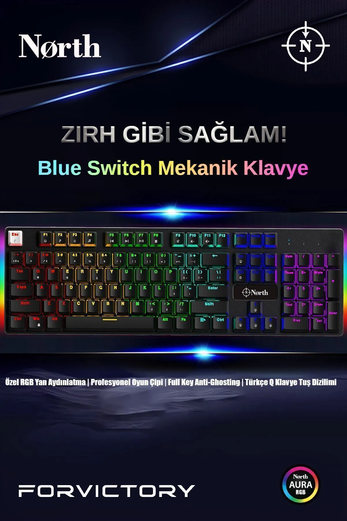 North Shield Blue Switch Türkçe Q Rgb Full Metal Panel Mekanik Gaming Klavye