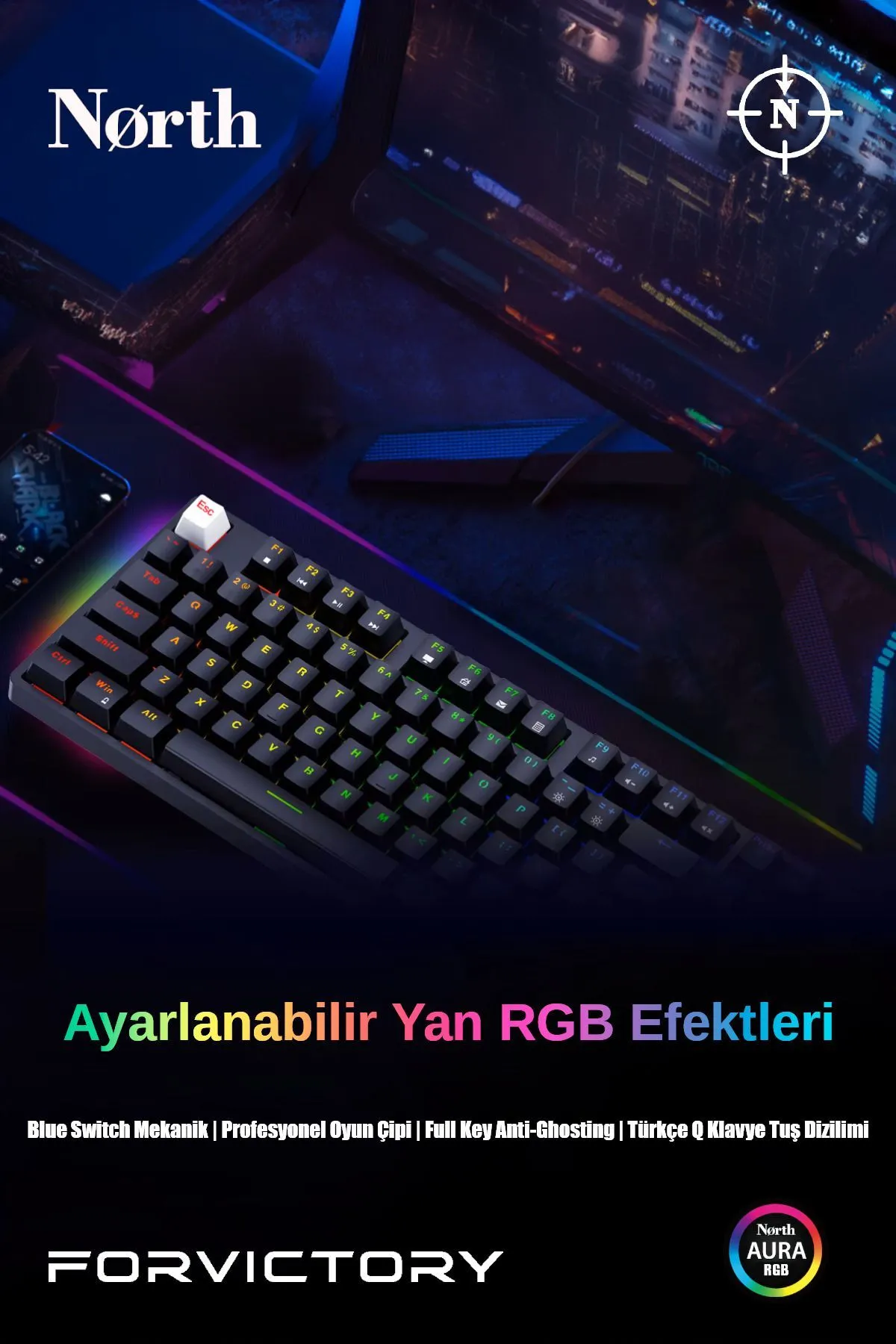 North Shield Blue Switch Türkçe Q Rgb Full Metal Panel Mekanik Gaming Klavye