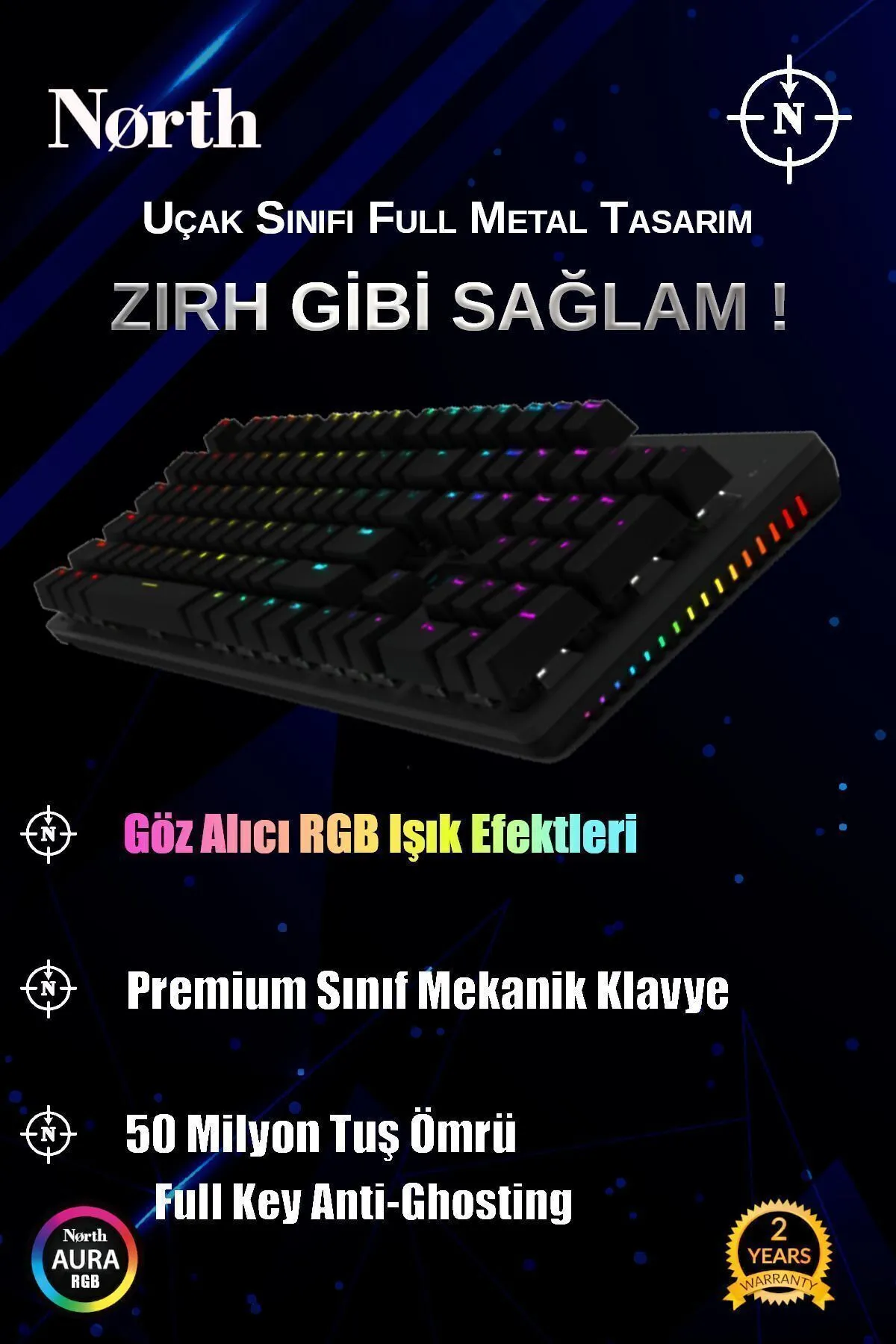 North Shield Blue Switch Türkçe Q Rgb Full Metal Panel Mekanik Gaming Klavye