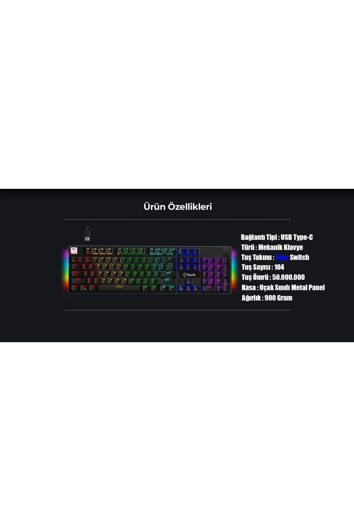 North Shield Blue Switch Türkçe Q Rgb Full Metal Panel Mekanik Gaming Klavye