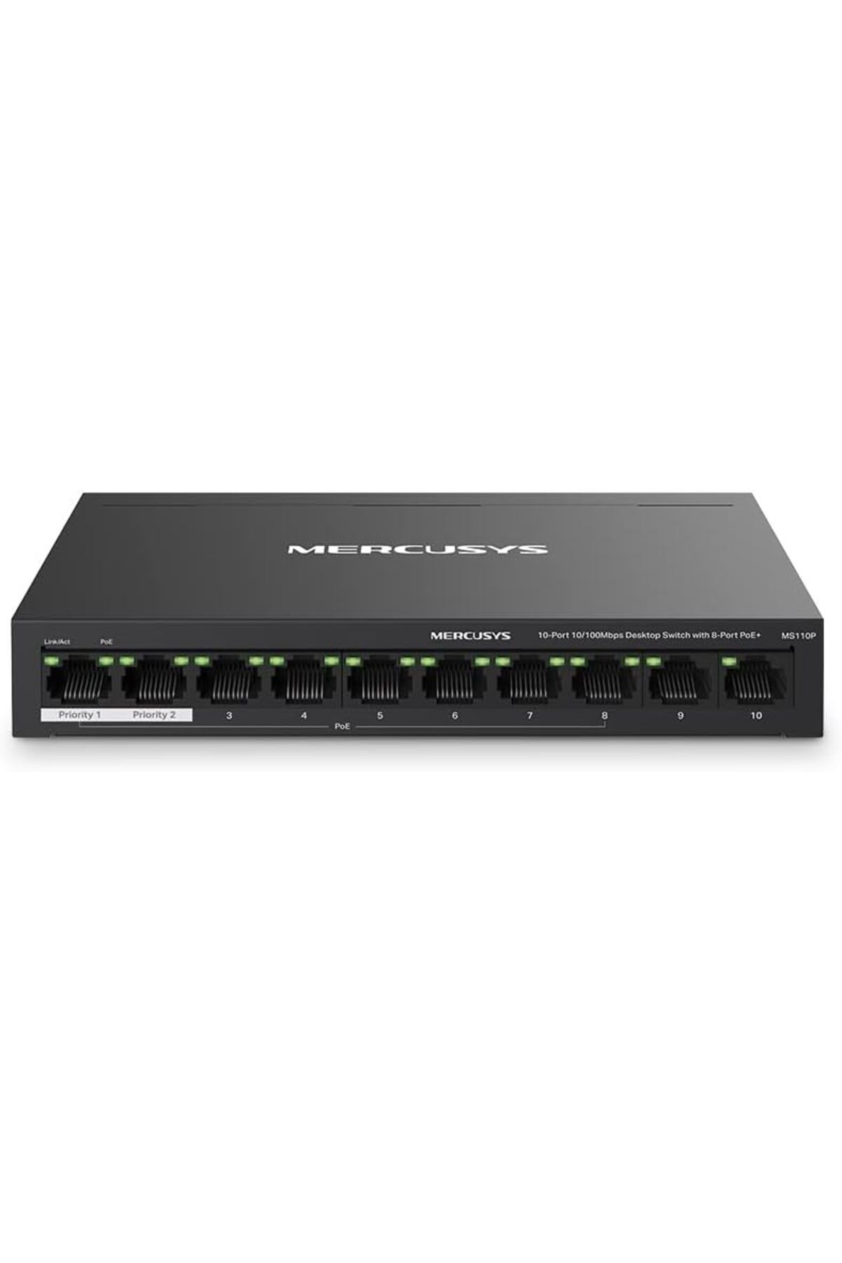 YILTER shpy MS110P, 10-Port 10/100Mbps Desktop Switch with 8-Port PoE+ gxtr 1030188