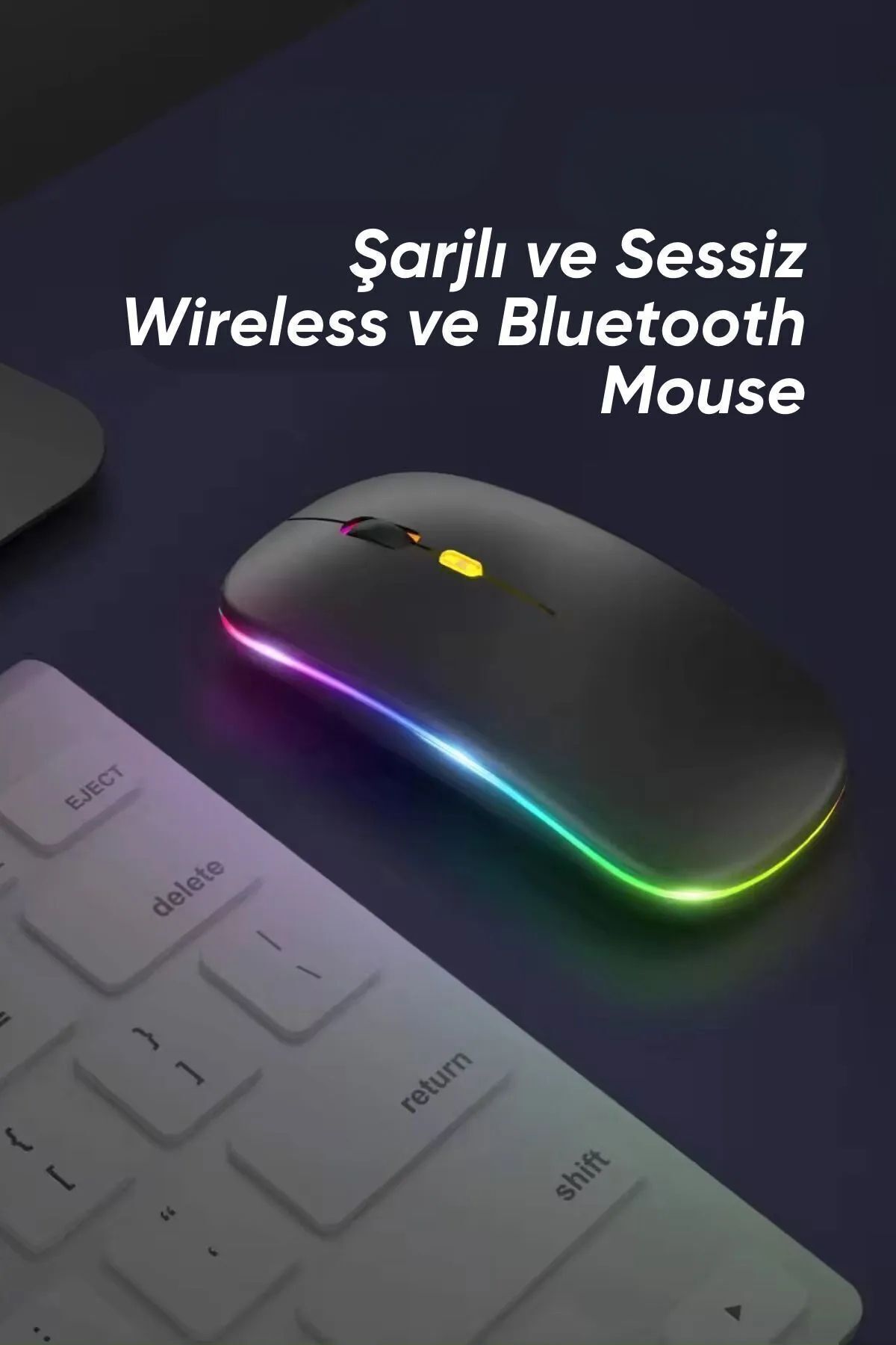 Genel Markalar Siyah Kablosuz Wireless 2.4g Bluetooth Sessiz Mouse Şarj Edilebilir Rgb Renkli Ergonomik Tasarımlı