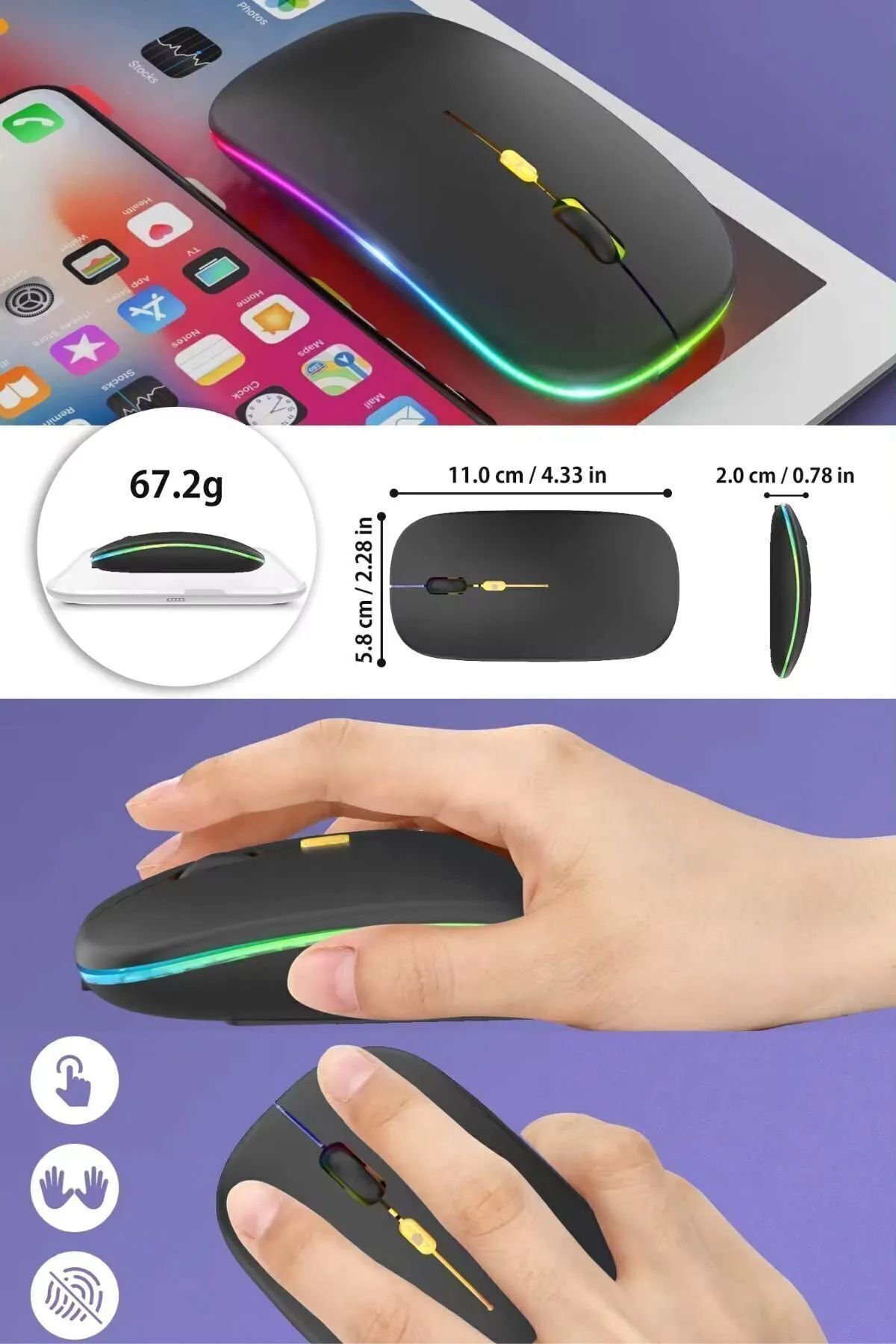 Genel Markalar Siyah Kablosuz Wireless 2.4g Bluetooth Sessiz Mouse Şarj Edilebilir Rgb Renkli Ergonomik Tasarımlı