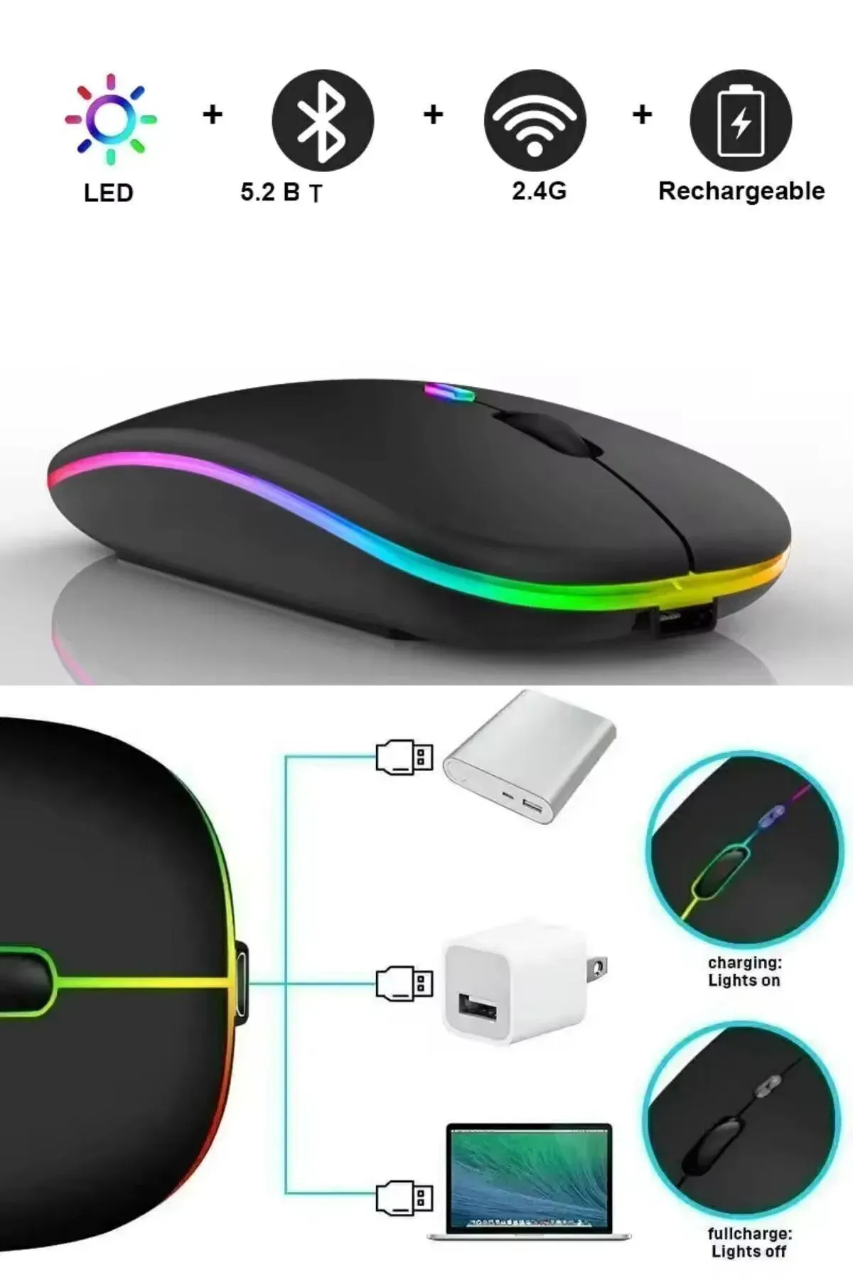 Genel Markalar Siyah Kablosuz Wireless 2.4g Bluetooth Sessiz Mouse Şarj Edilebilir Rgb Renkli Ergonomik Tasarımlı