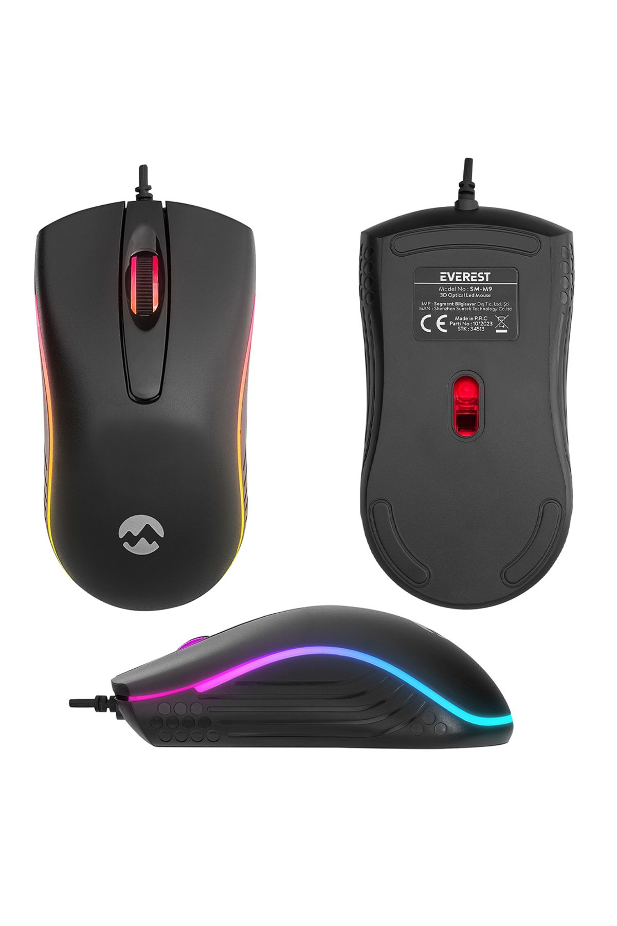 Everest SM-M9 1000 DPI USB RGB RAİNBOW LEDLİ SİYAH 3D OPTİK LED MOUSE