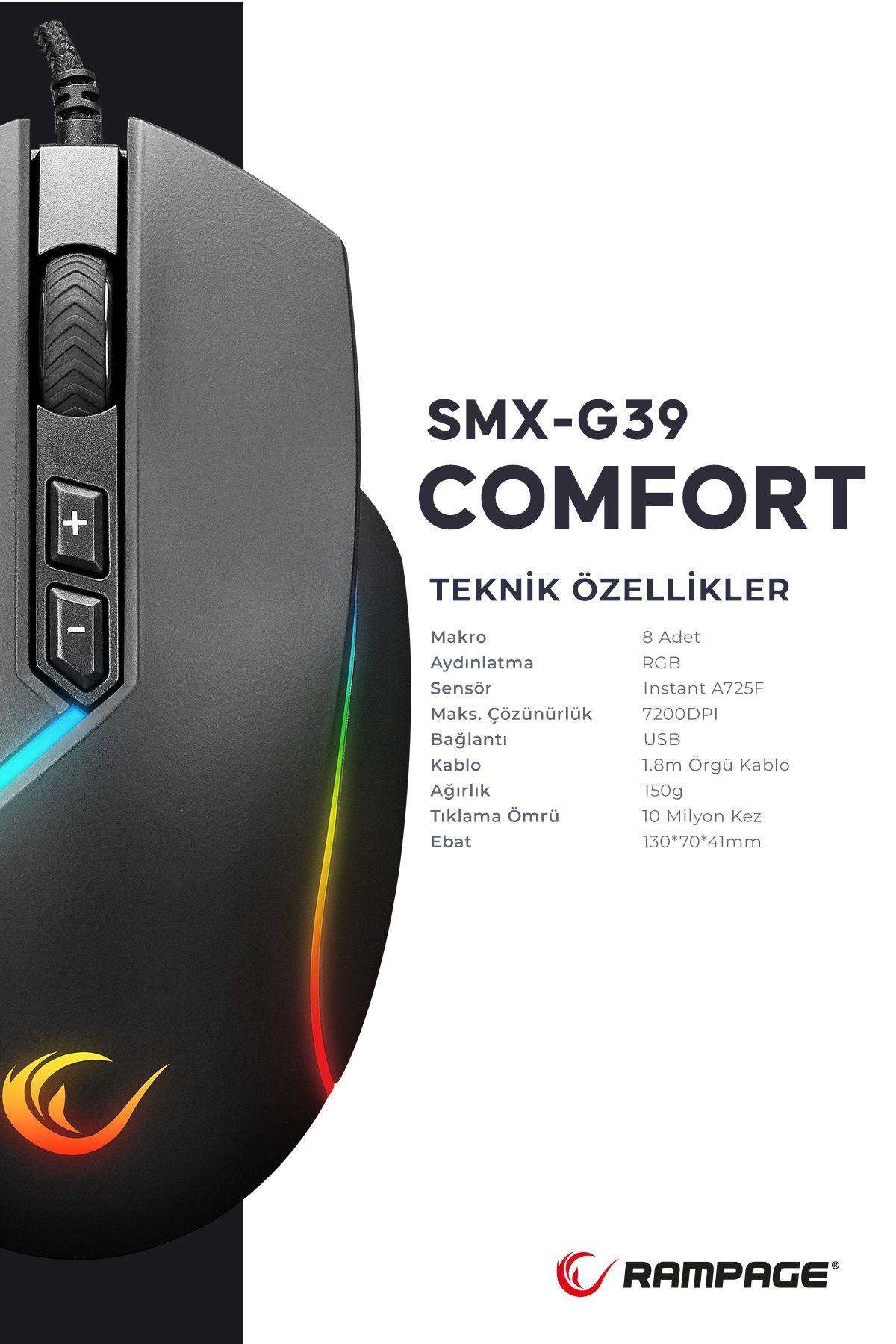 Rampage Smx-g39 Comfort Usb 8 Makro+extra Atış Tuşlu 12800dpi Rgb Ledli Gaming Oyuncu Mouse