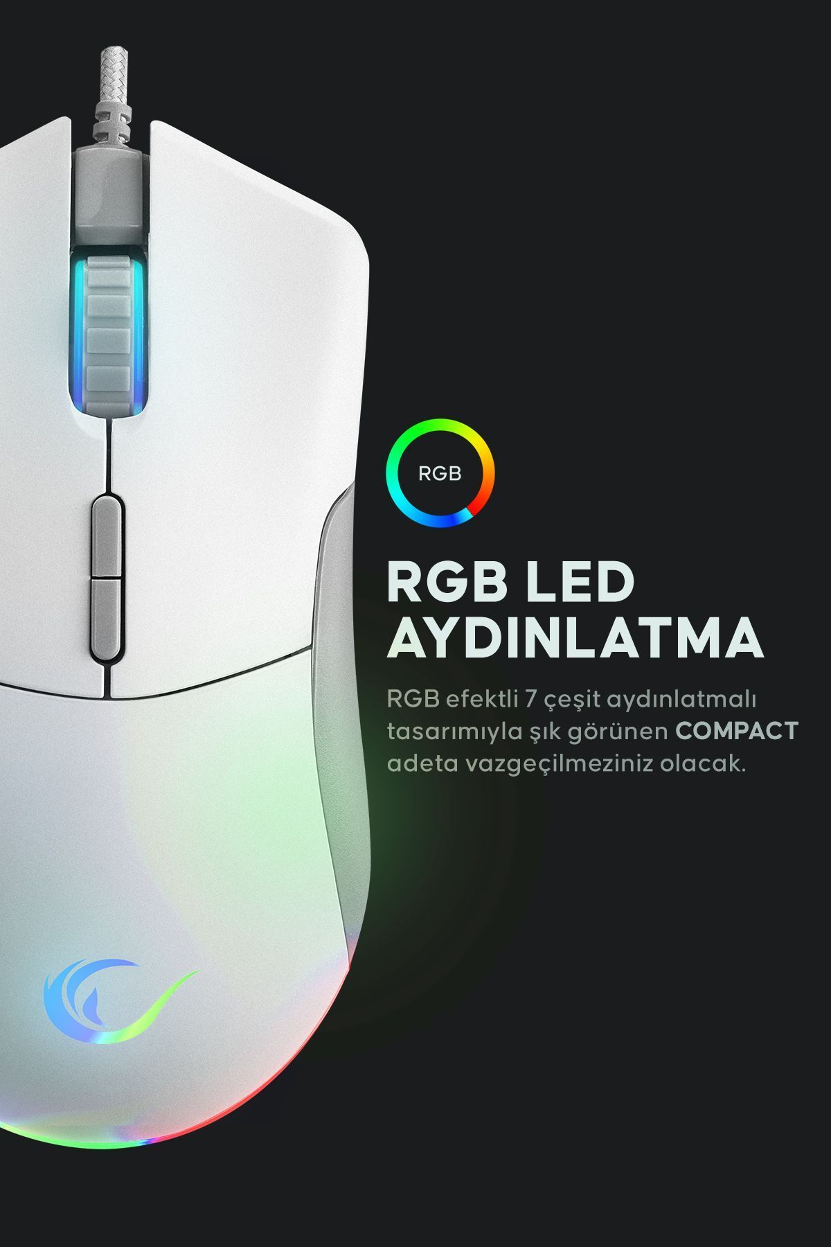 Rampage Smx-r21 Compact Usb Beyaz Rgb Ledli Makrolu 12800dpi / 1000hz Drag Click Gaming Oyuncu Mouse